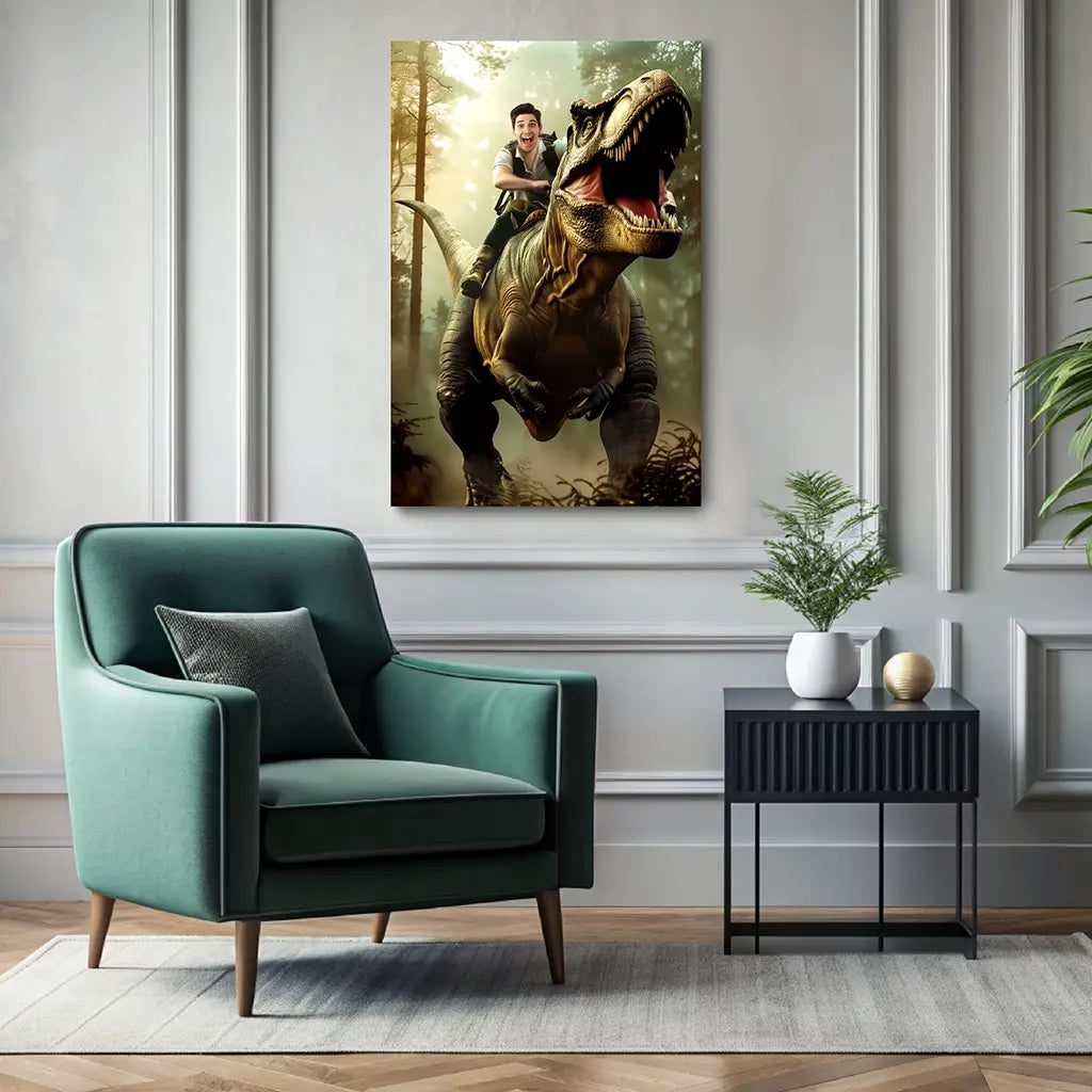 Human Riding Rex Riding a T-Rex – Magic Portraits