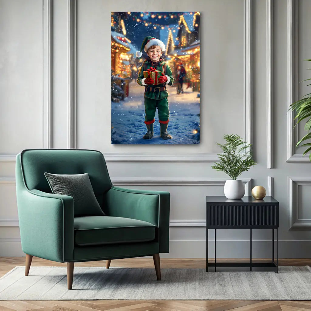 Santa's Little Helper custom Christmas boy portrait wall art canvas