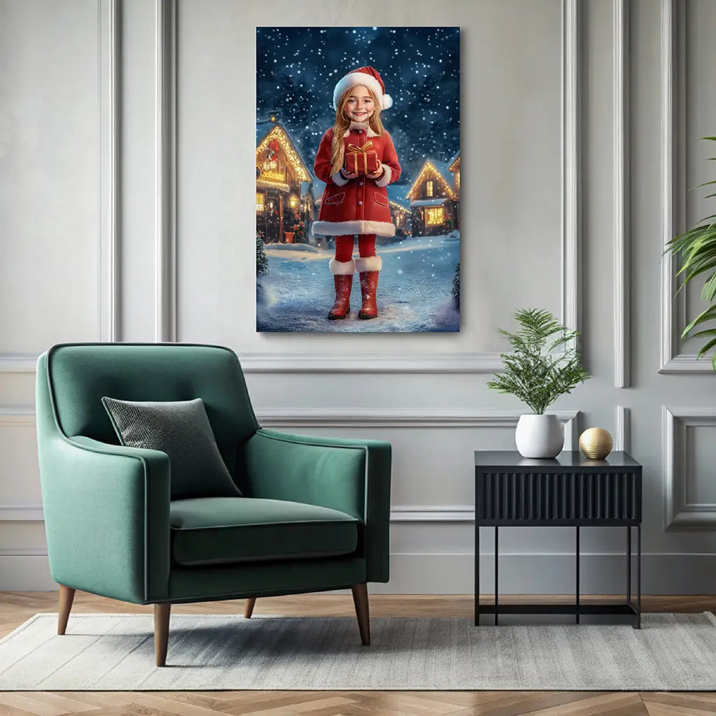 Santa's Little Helper custom Christmas girl portrait wall art canvas