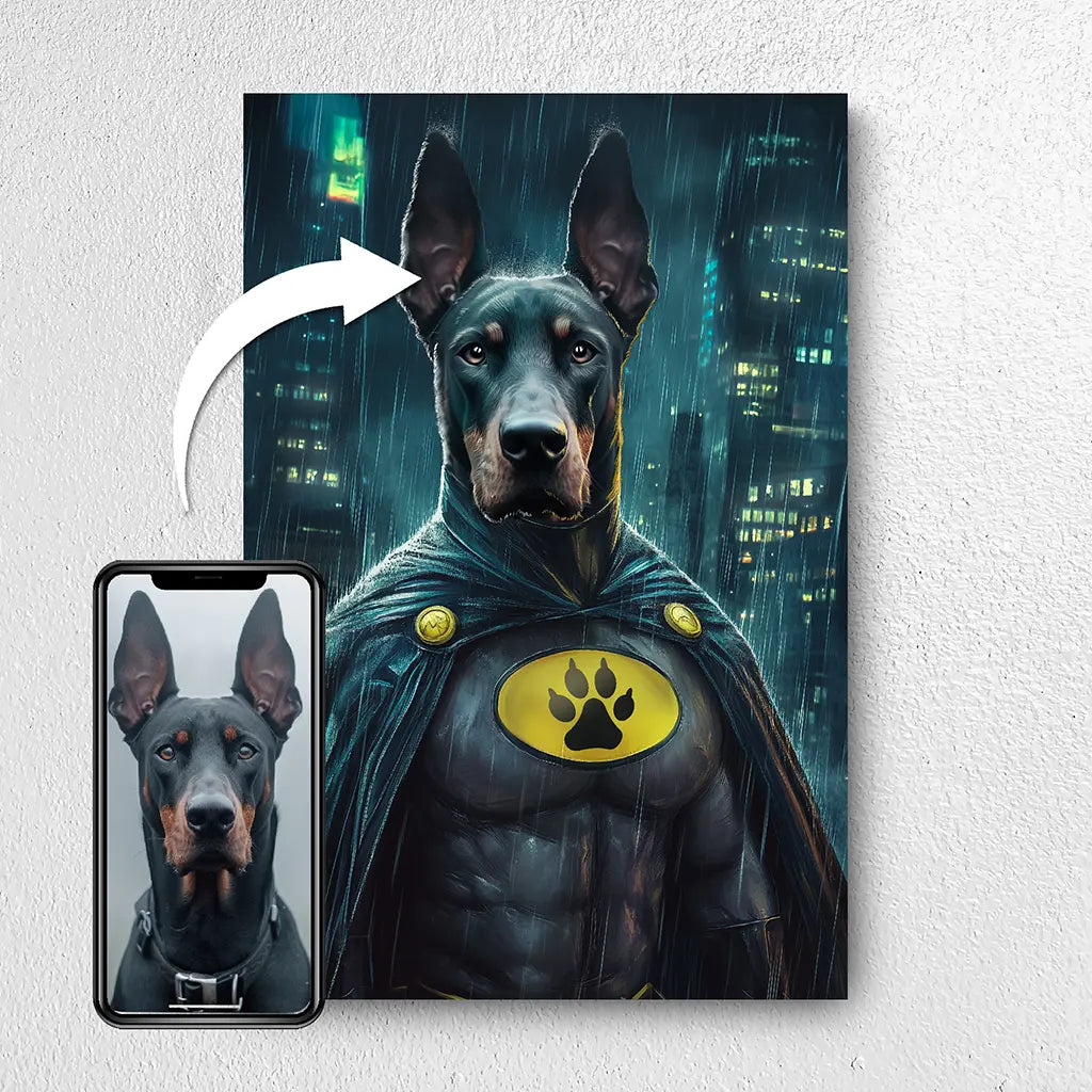 The Dark Paw superhero custom dog portrait from photo