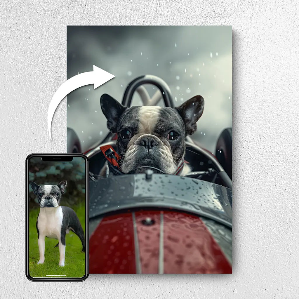 The Formula Pilot custom personalized dog portrait from photo