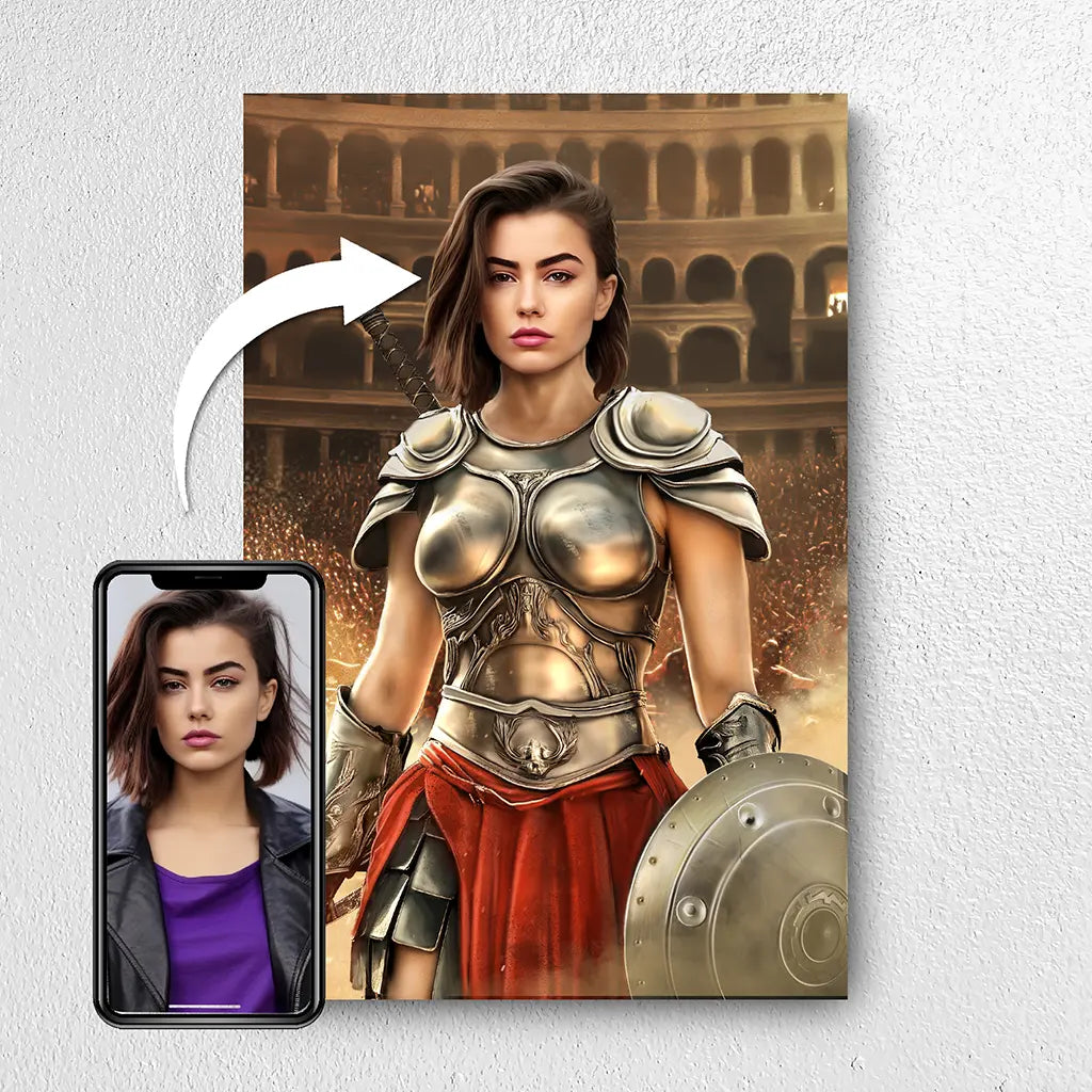 The Gladiatrix custom personalized gladiator female portrait from photo