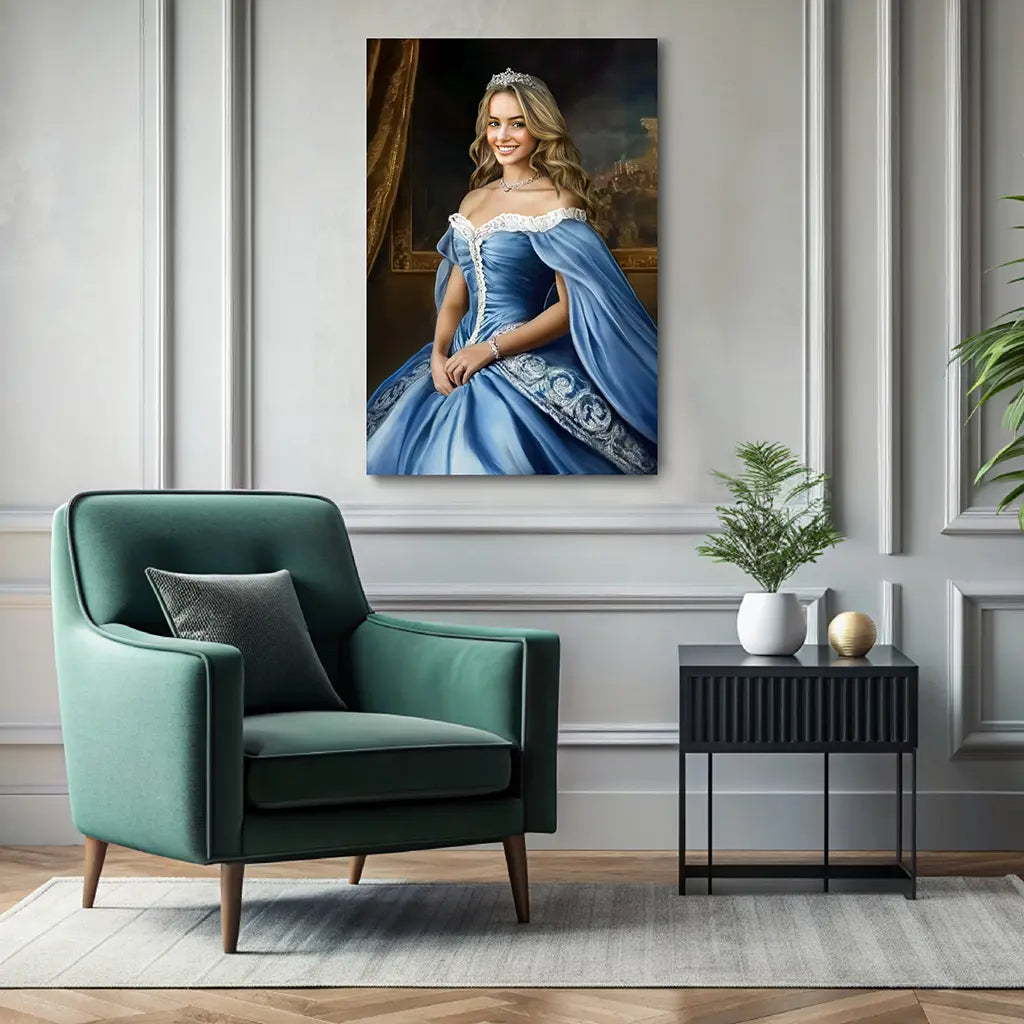 The Sapphire Queen custom royal female portrait wall art canvas