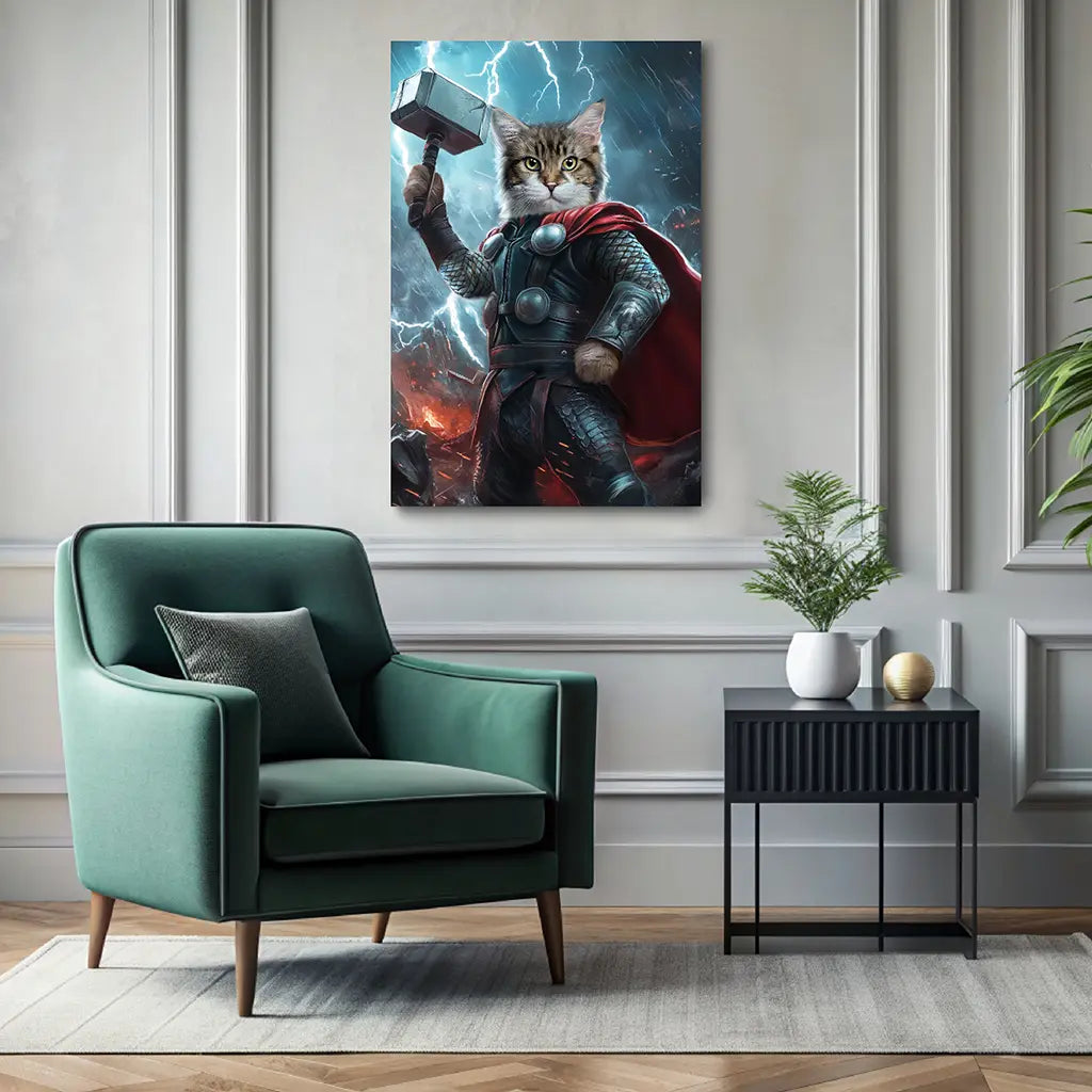 The Thunderpaw custom cat superhero portrait wall art canvas