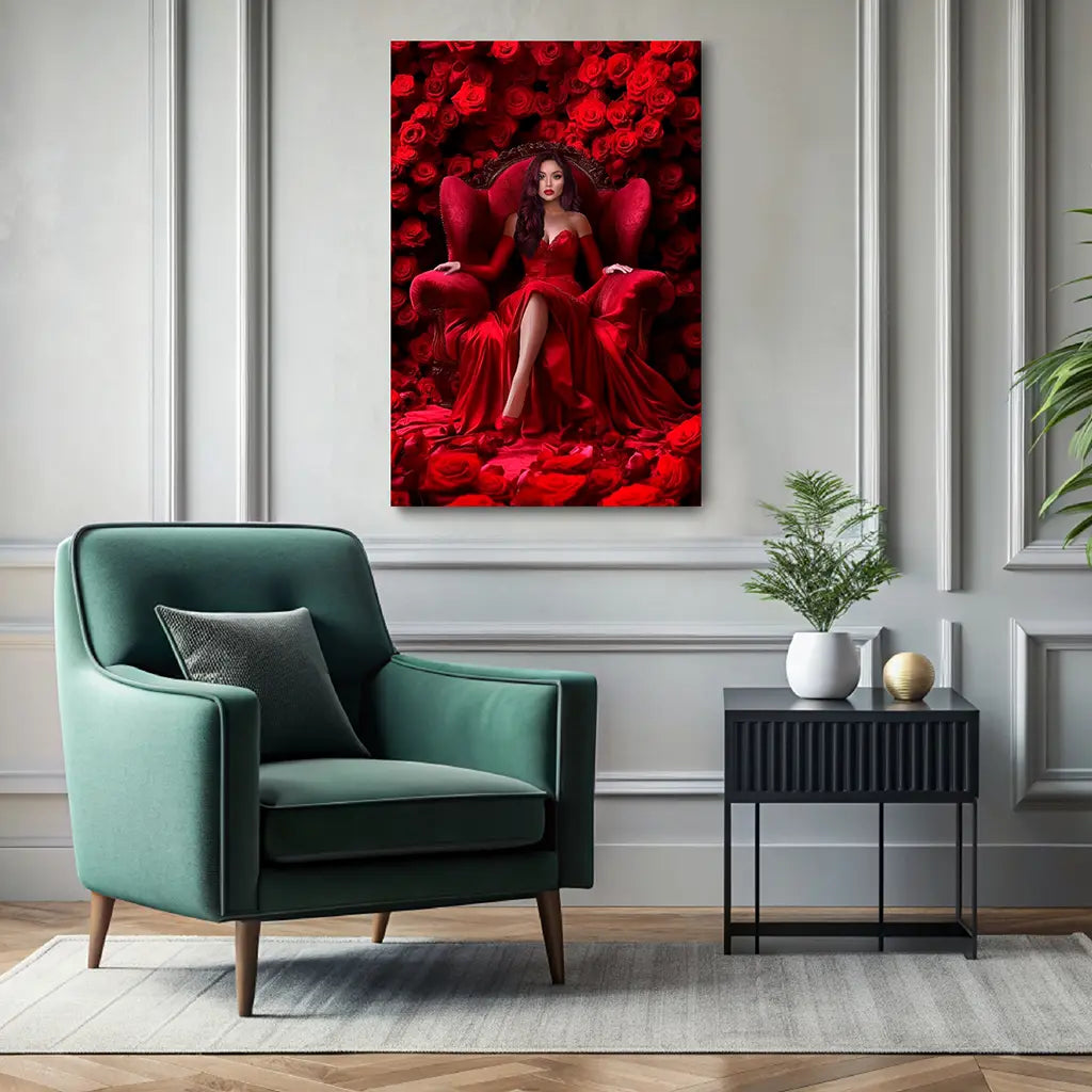 The queen of Red Roses custom female portrait wall art canvas