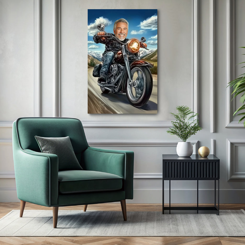 Custom biker caricature portrait printed on ready-to-hang canvas