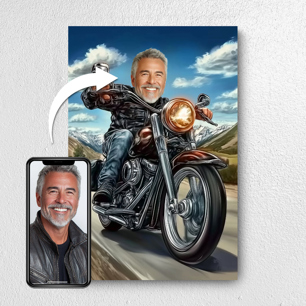 Before and after example of biker photo turned into caricature portrait