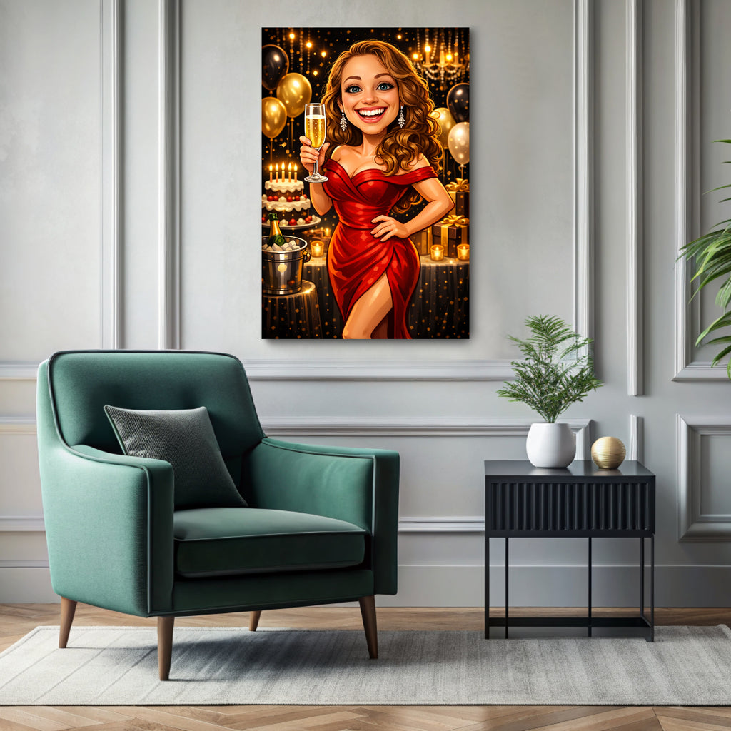 Custom birthday caricature portrait printed on ready-to-hang canvas