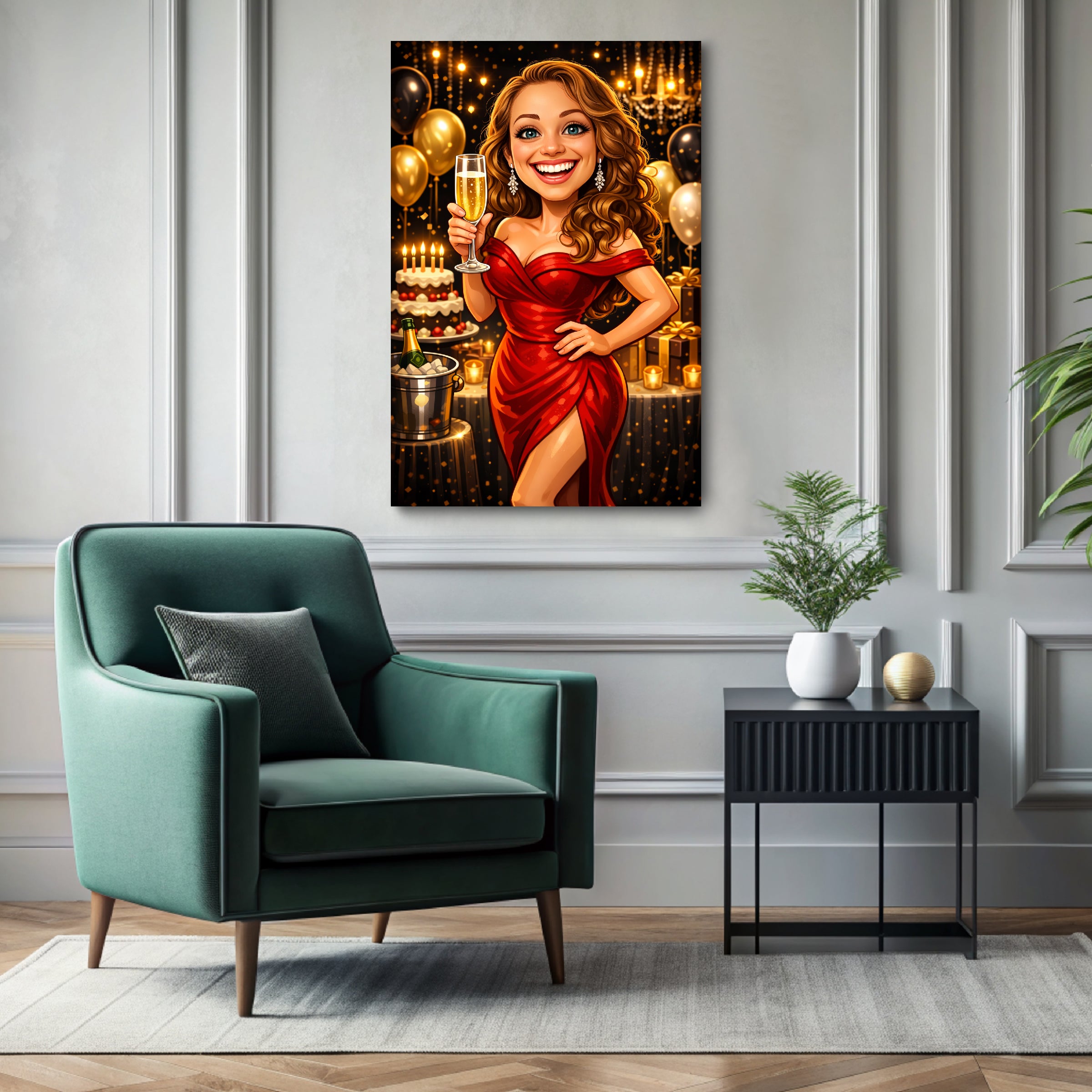 Custom birthday caricature portrait printed on ready-to-hang canvas