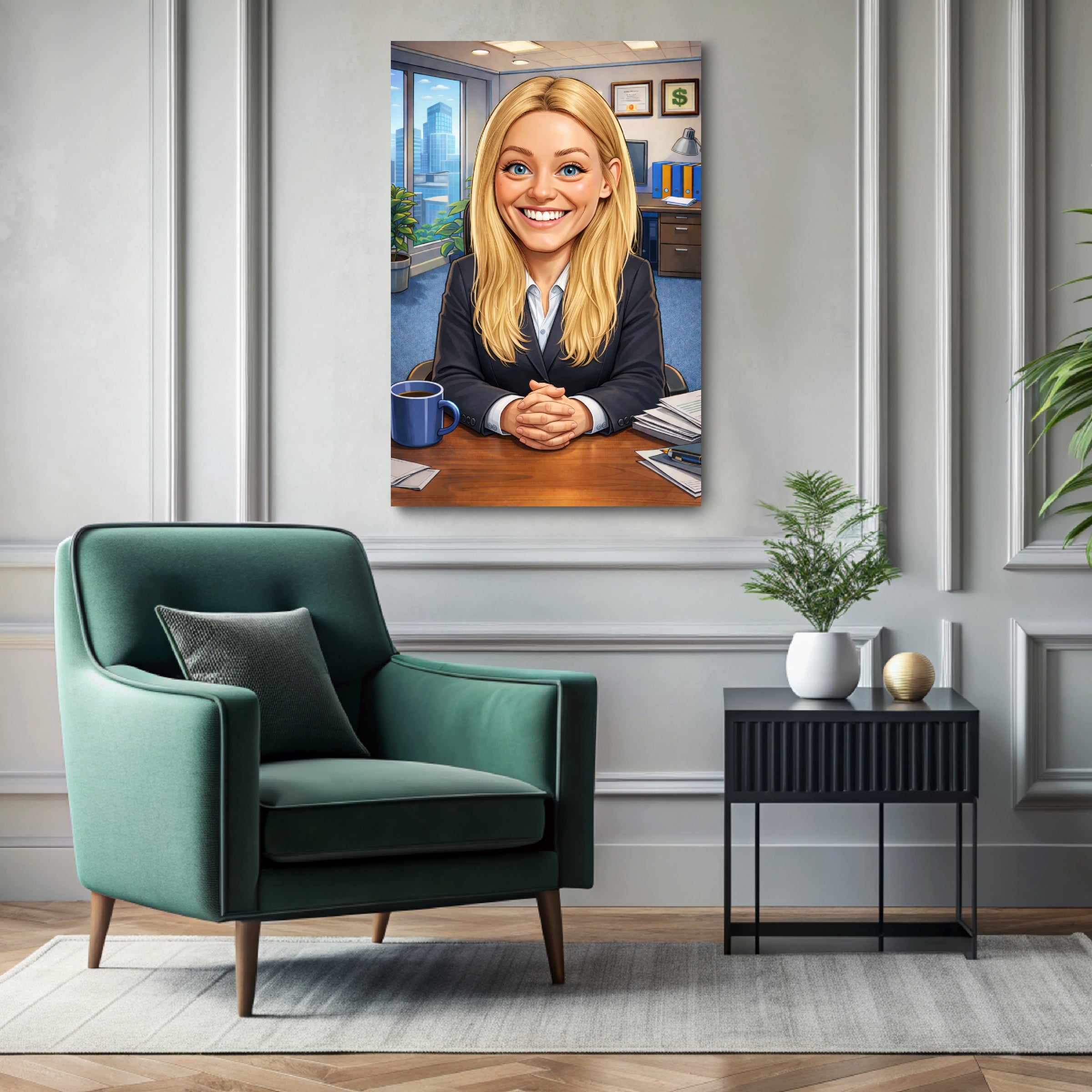 Custom boss caricature portrait printed on ready-to-hang canvas