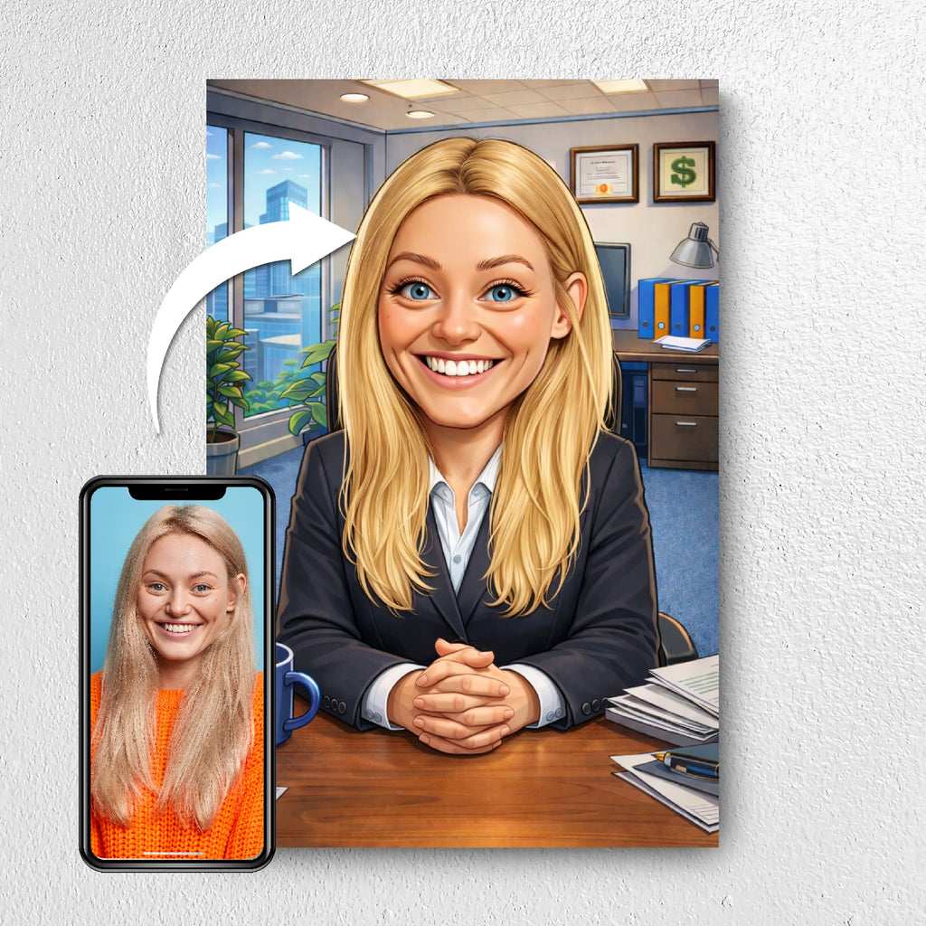 Before and after example of boss photo turned into caricature portrait