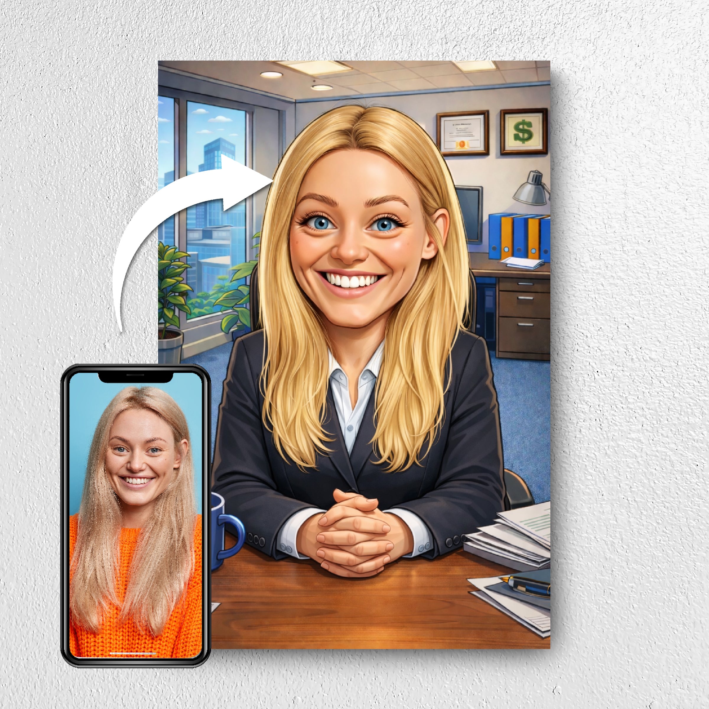 Before and after example of boss photo turned into caricature portrait