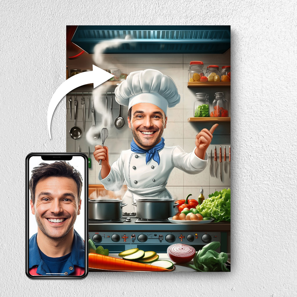 Before and after example of che photo turned into caricature portrait