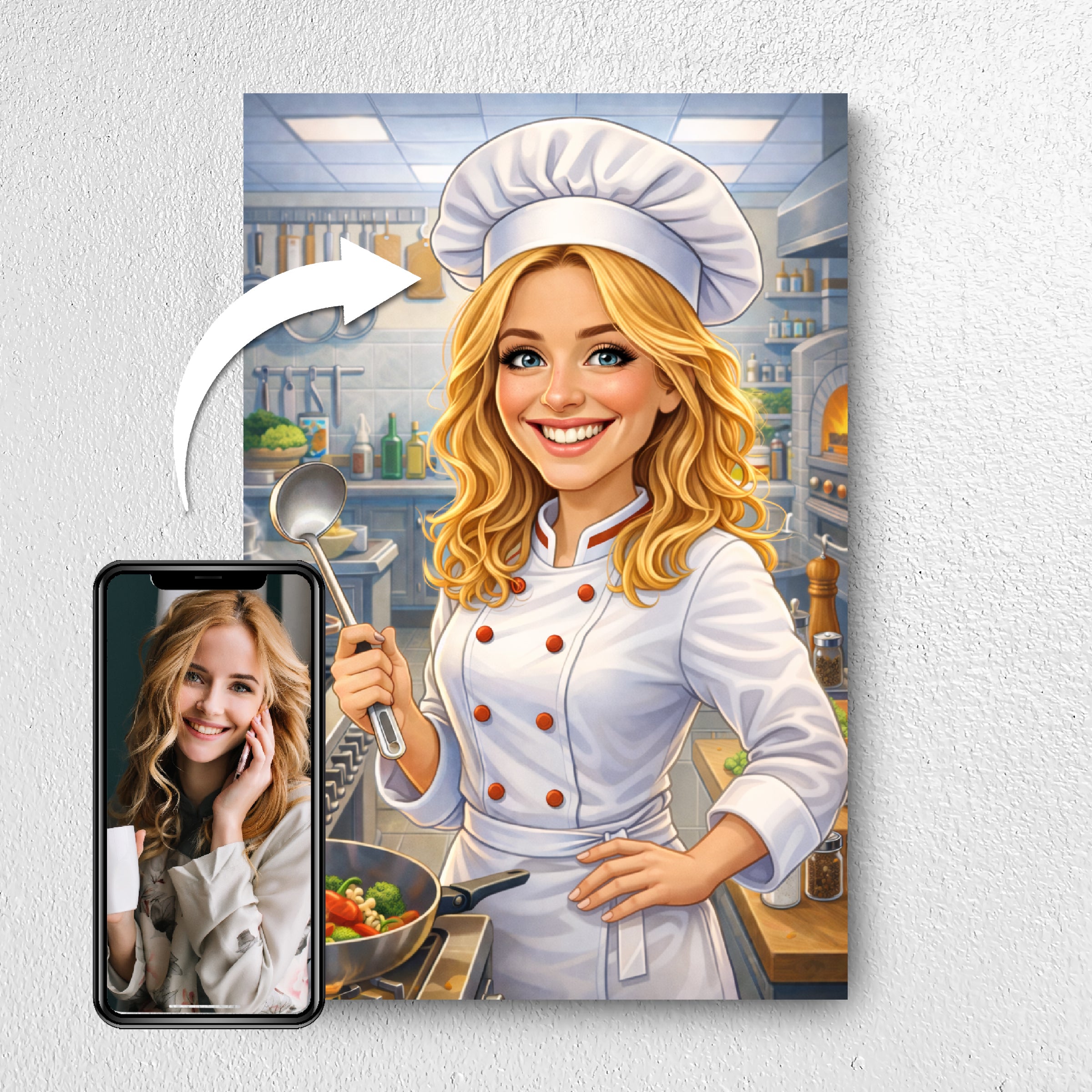 Before and after example of chef photo turned into caricature portrait
