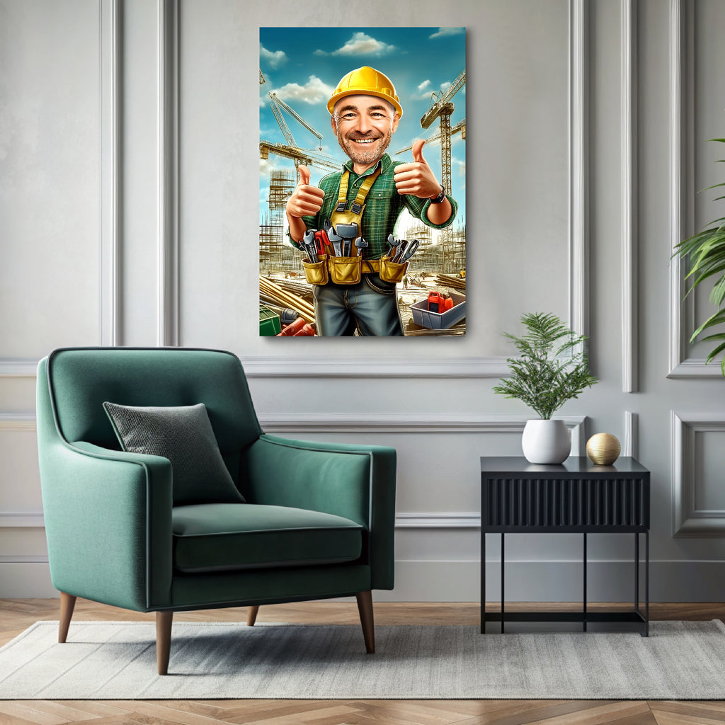 Custom contractor builder caricature portrait printed on ready-to-hang canvas