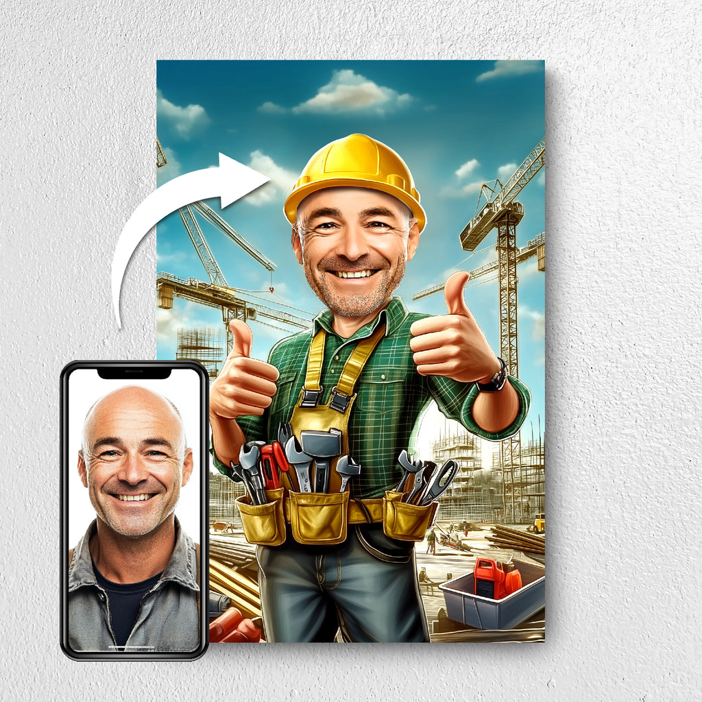 Before and after example of builder photo turned into caricature portrait