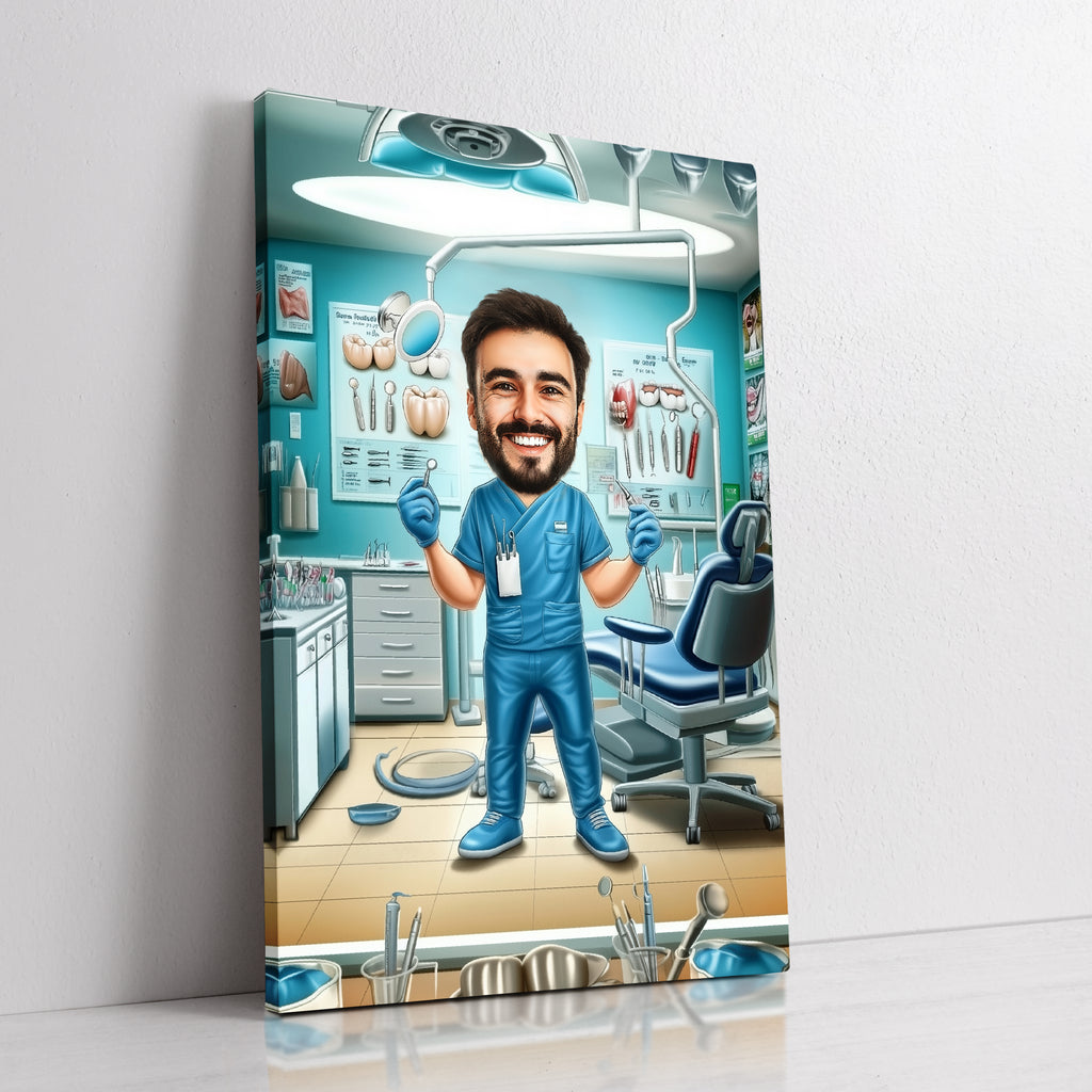 Custom dentist caricature portrait from photo by professional artist