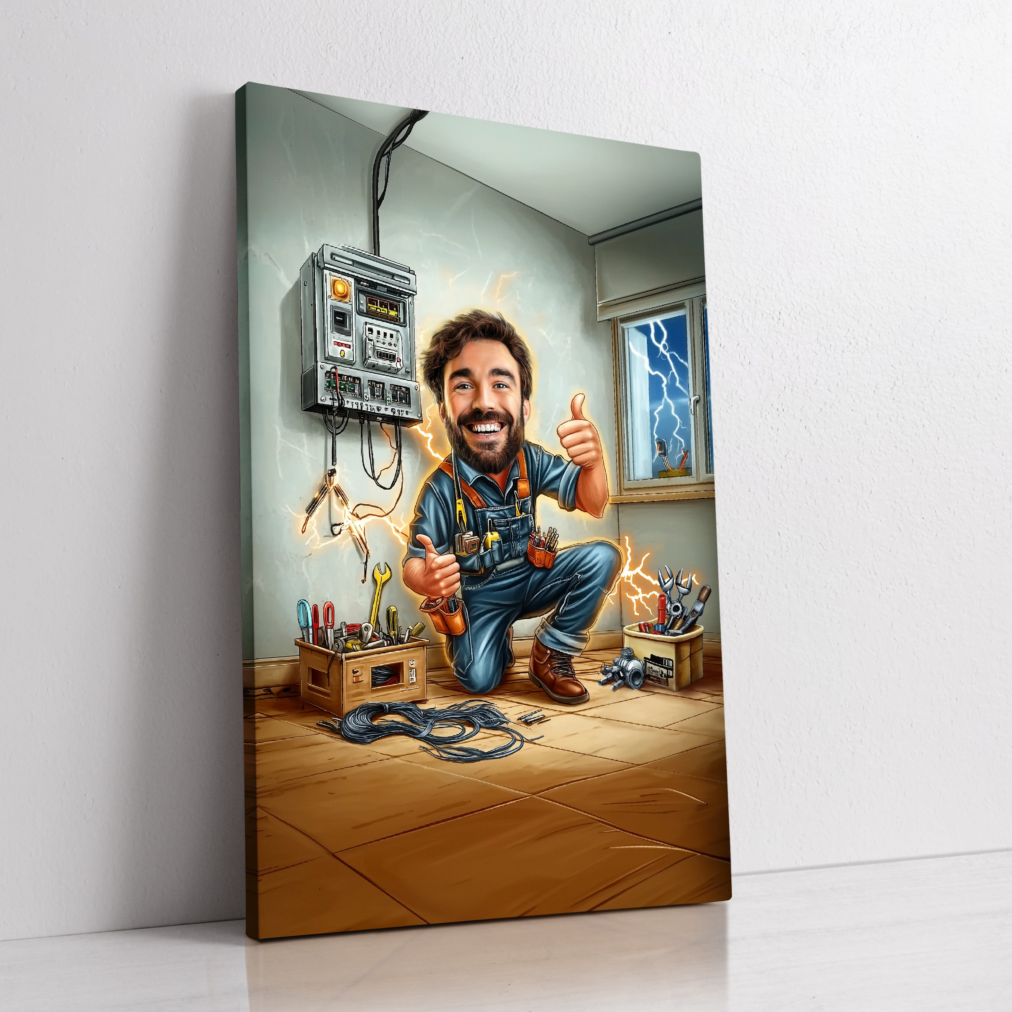 Custom electrician caricature portrait printed on ready-to-hang canvas