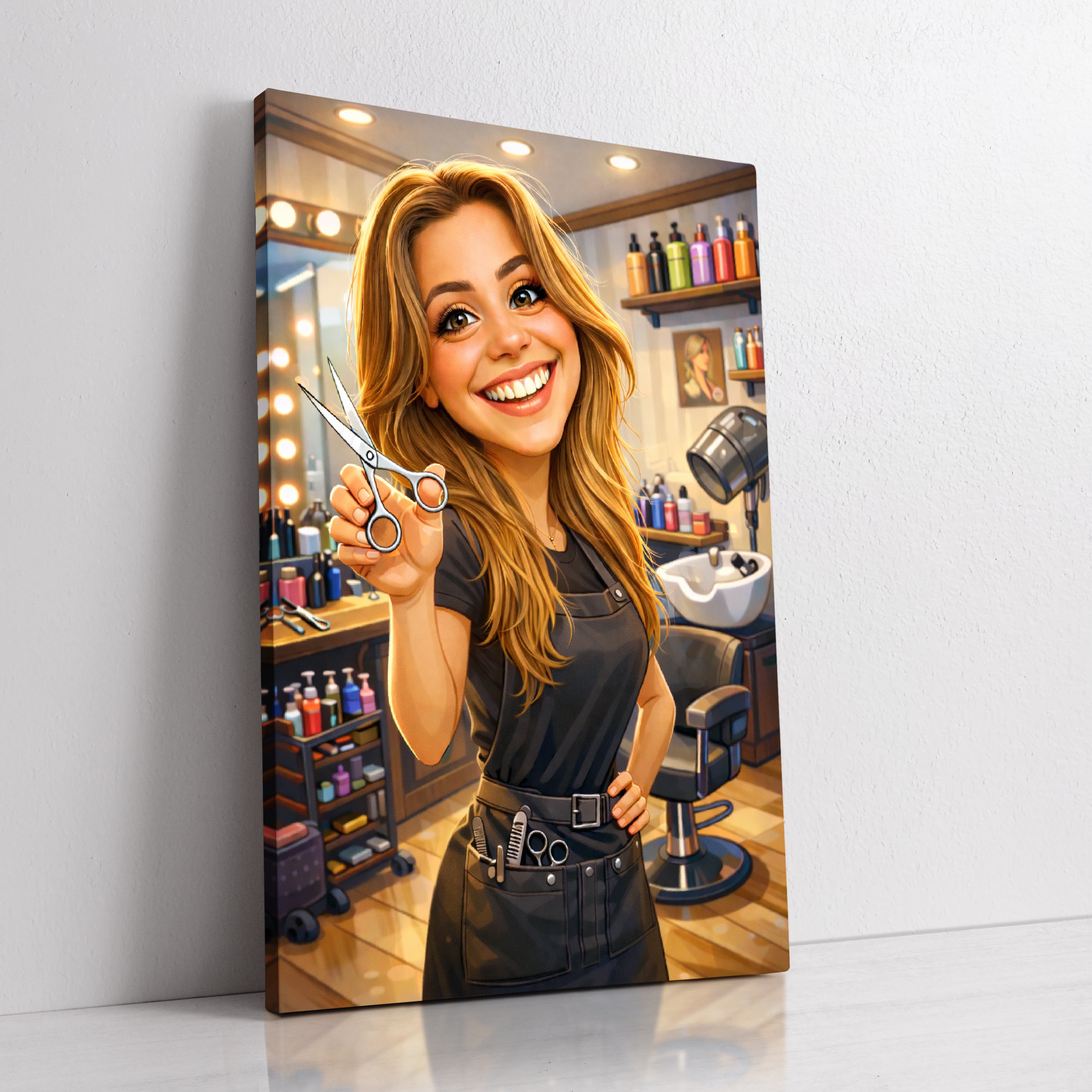 Custom hairstylist caricature portrait from photo by professional artist