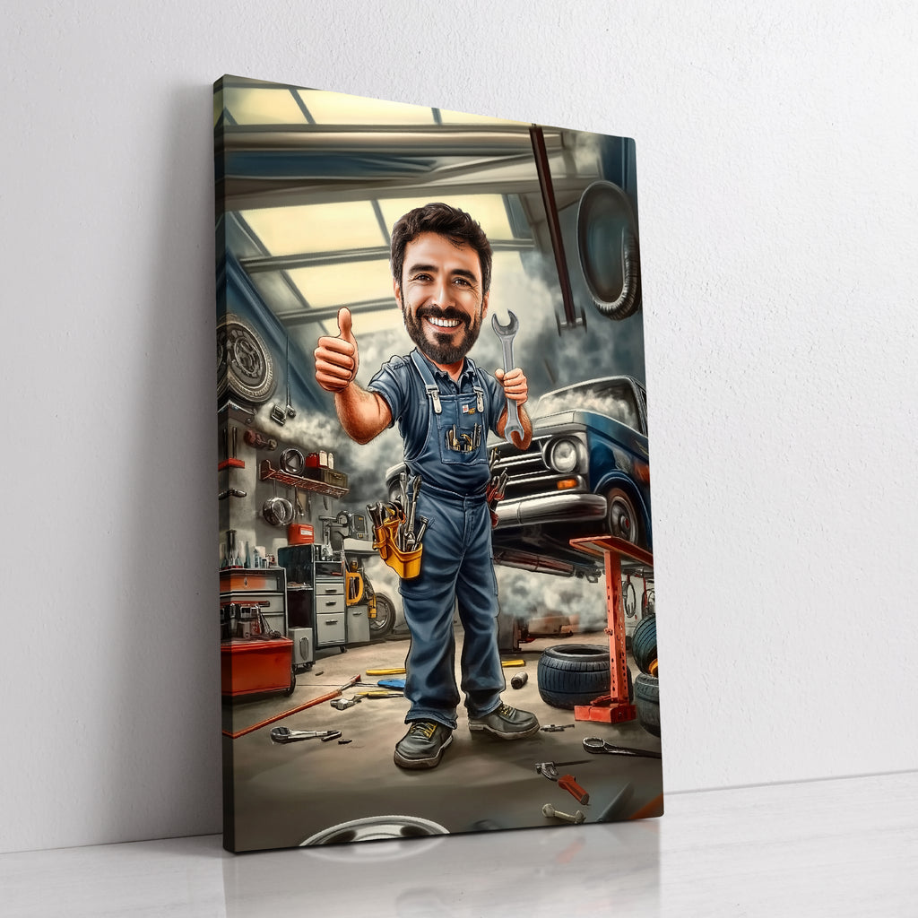Custom mechanic caricature portrait from photo by professional artist
