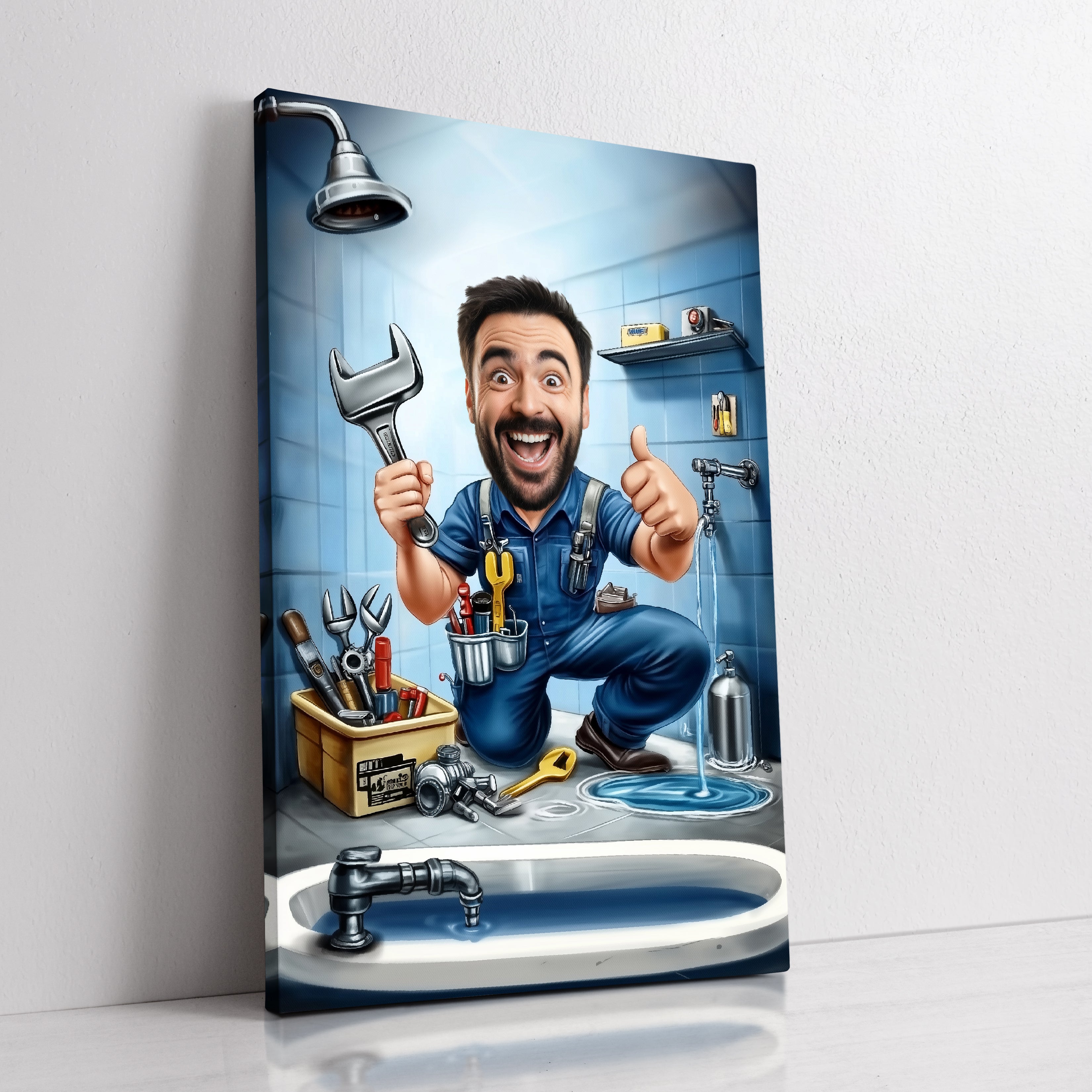 Custom plumber caricature portrait from photo by professional artist