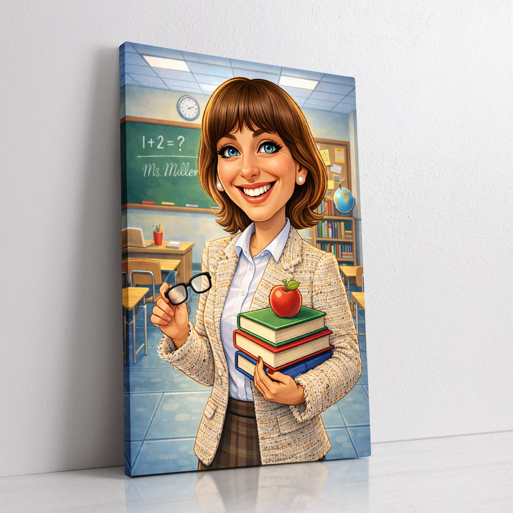 Custom teacher caricature portrait from photo by professional artist