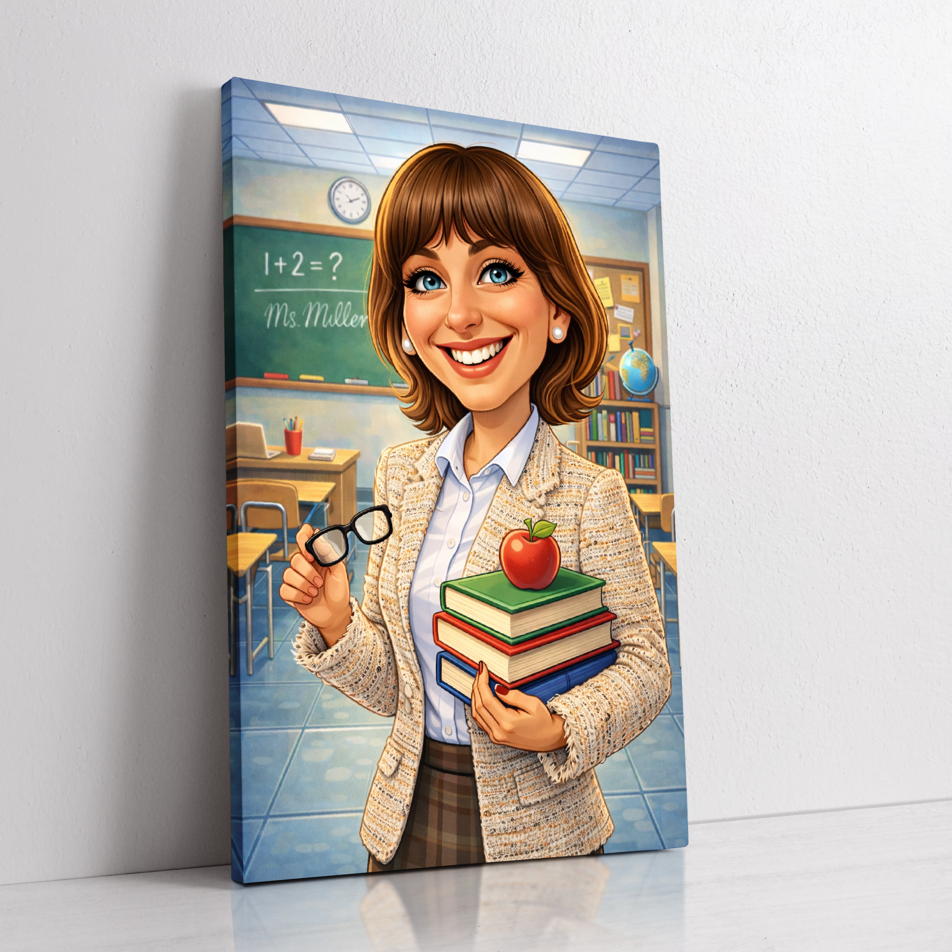 Custom teacher caricature portrait from photo by professional artist