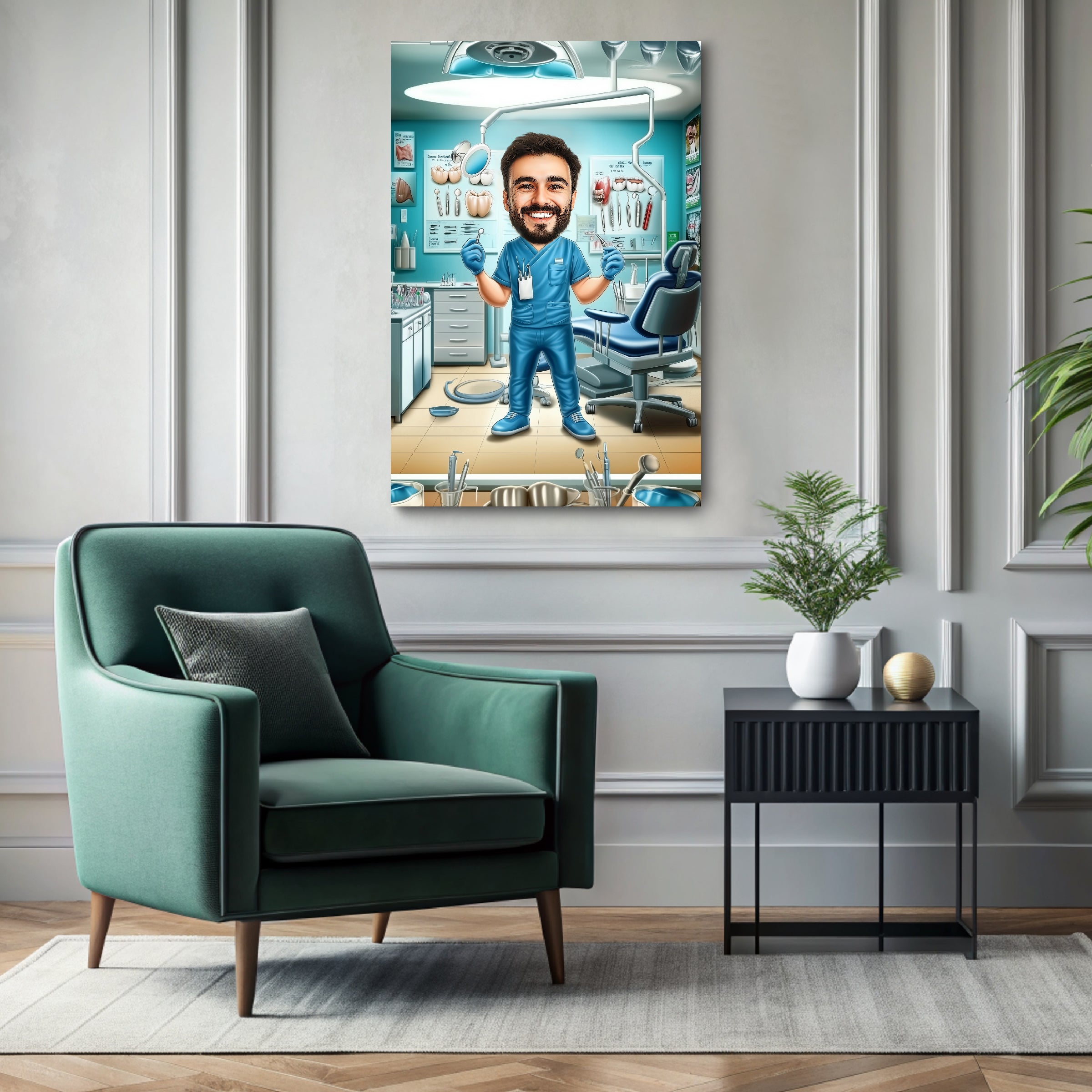 Custom dentist caricature portrait printed on ready-to-hang canvas