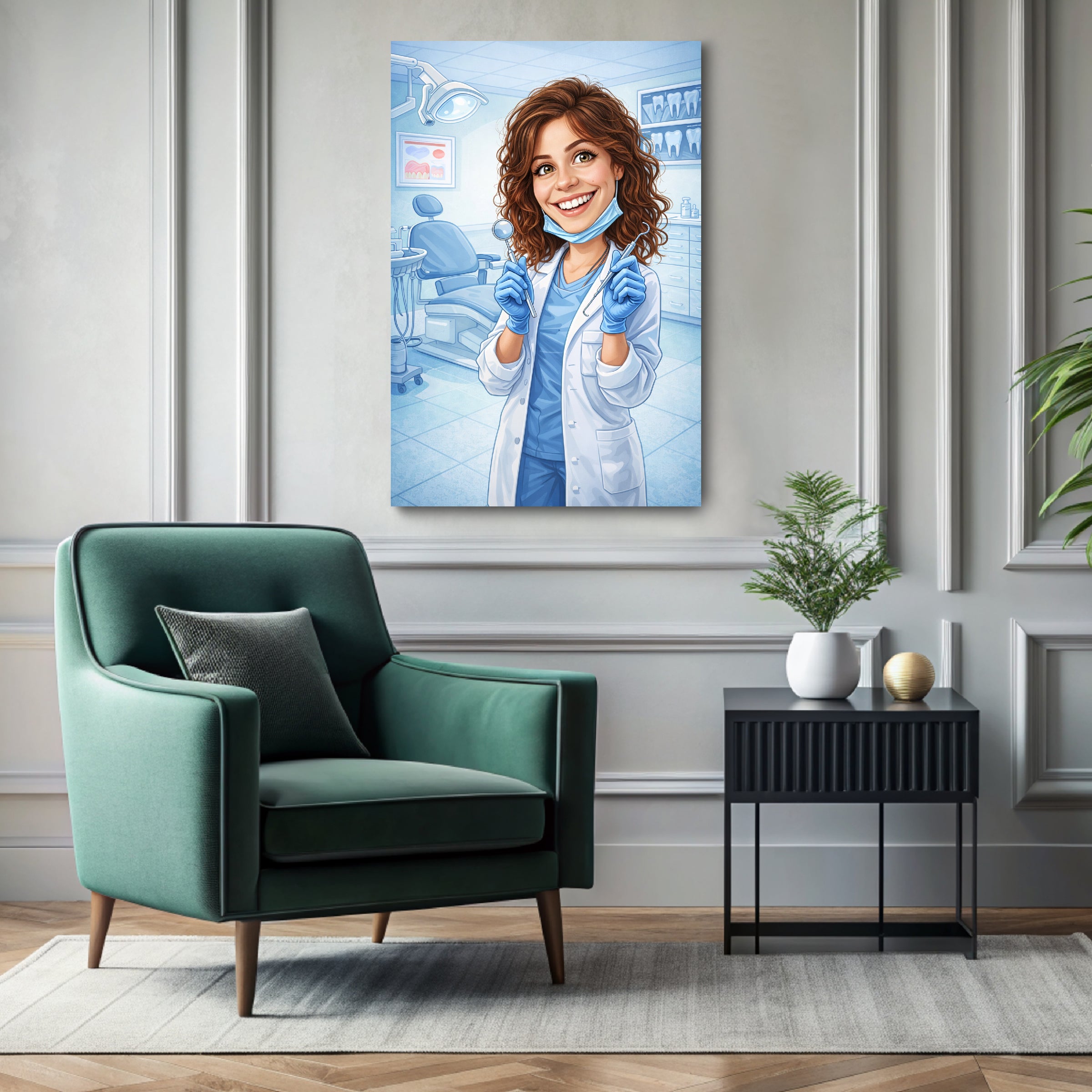 Custom dentist caricature portrait printed on ready-to-hang canvas