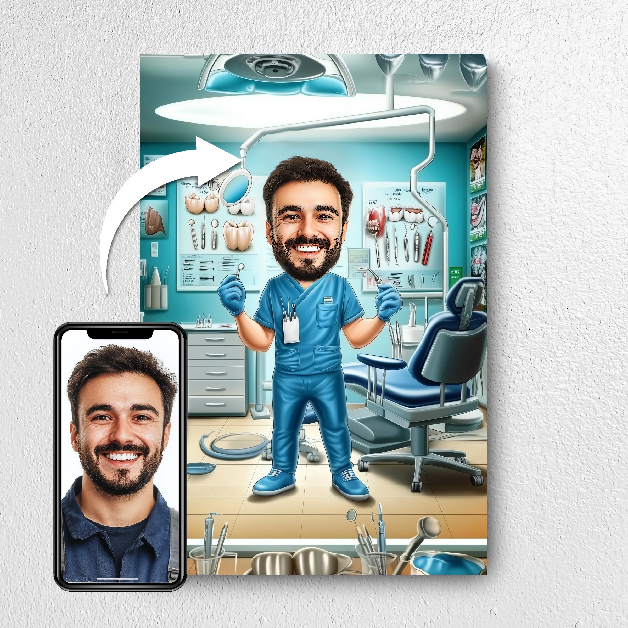 Before and after example of dentist photo turned into caricature portrait
