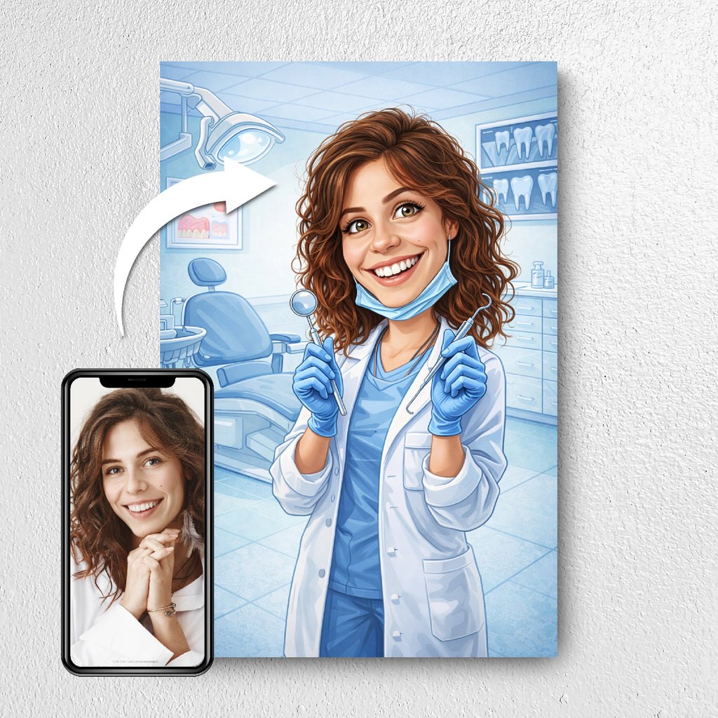 Before and after example of dentist photo turned into caricature portrait