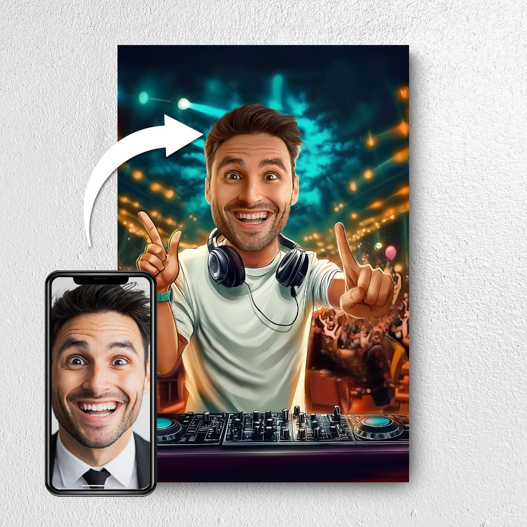 Before and after example of dj photo turned into caricature portrait
