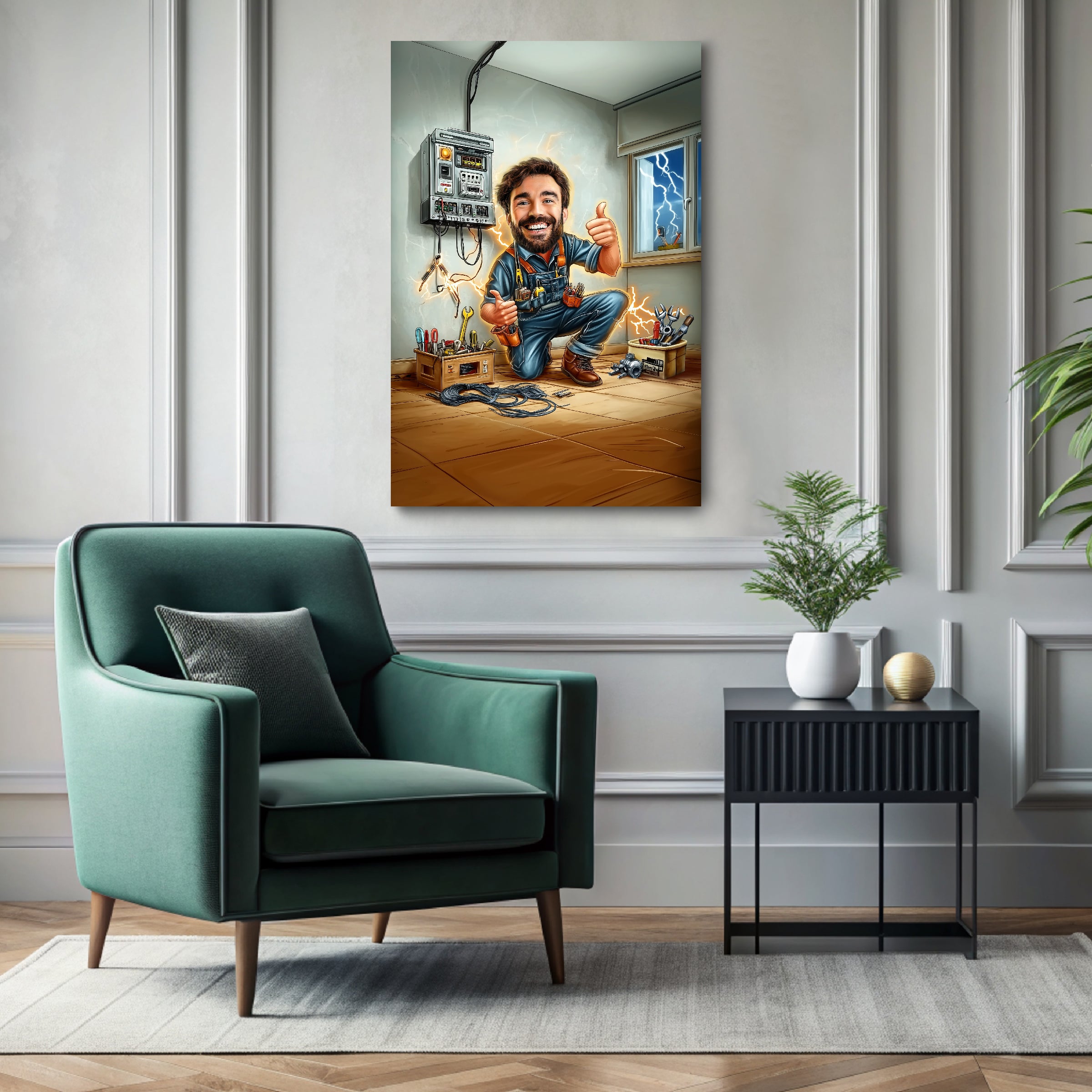 Custom electrician caricature portrait printed on ready-to-hang canvas