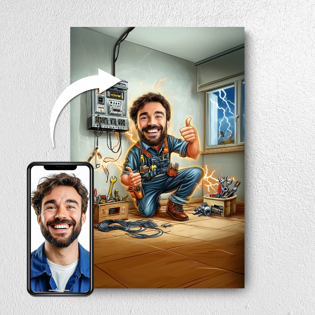 Before and after example of electrician photo turned into caricature portrait