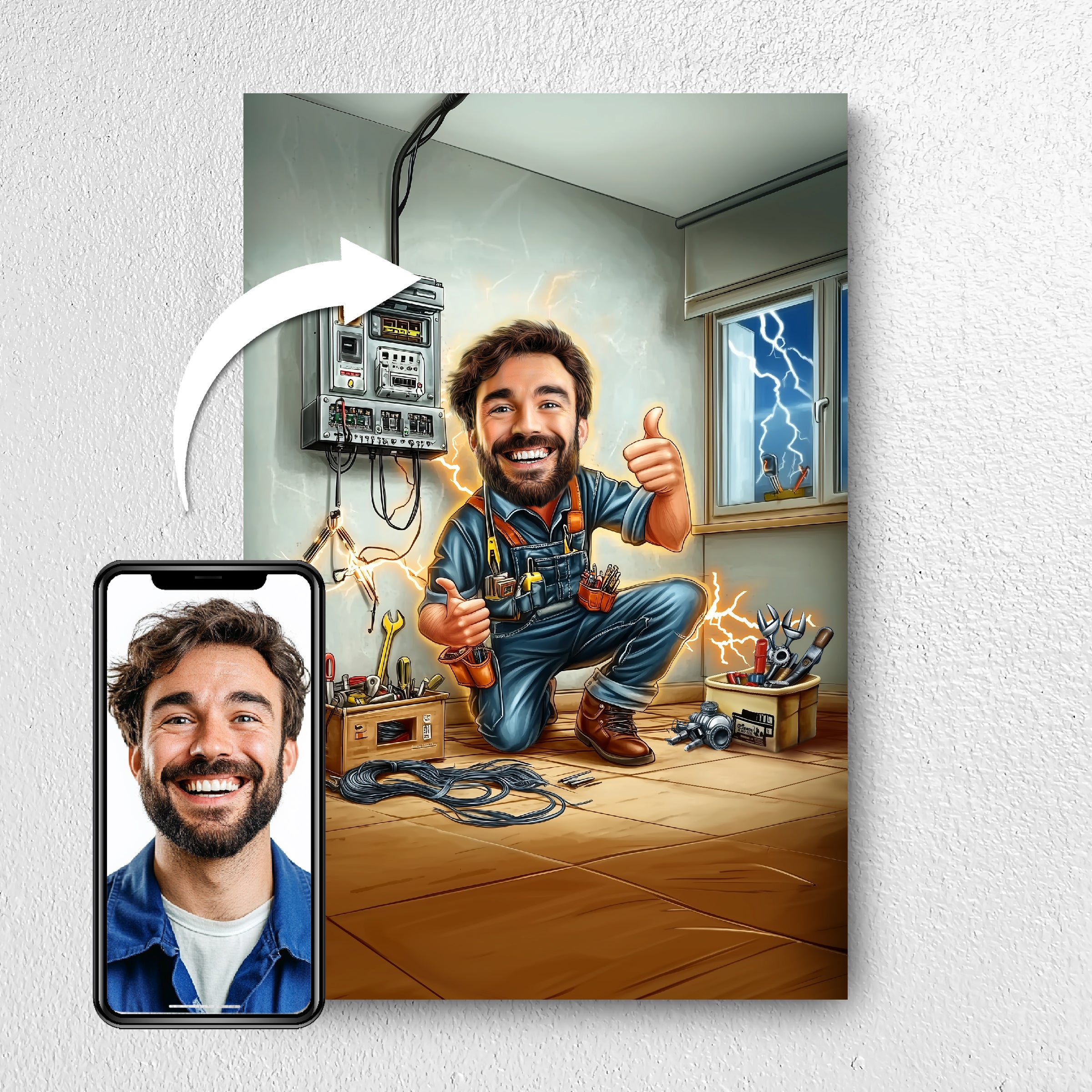Before and after example of electrician photo turned into caricature portrait