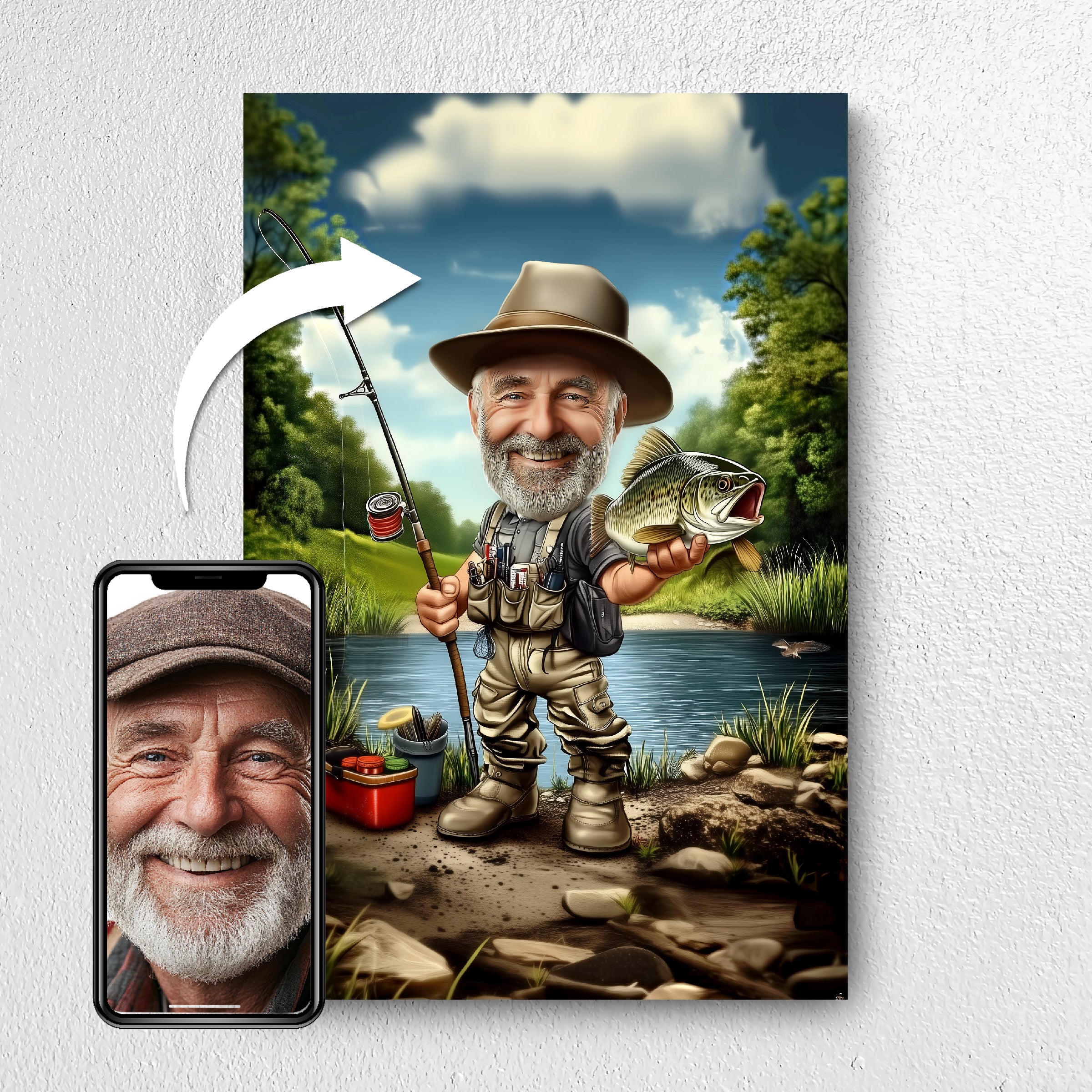 Before and after example of fishermen photo turned into caricature portrait