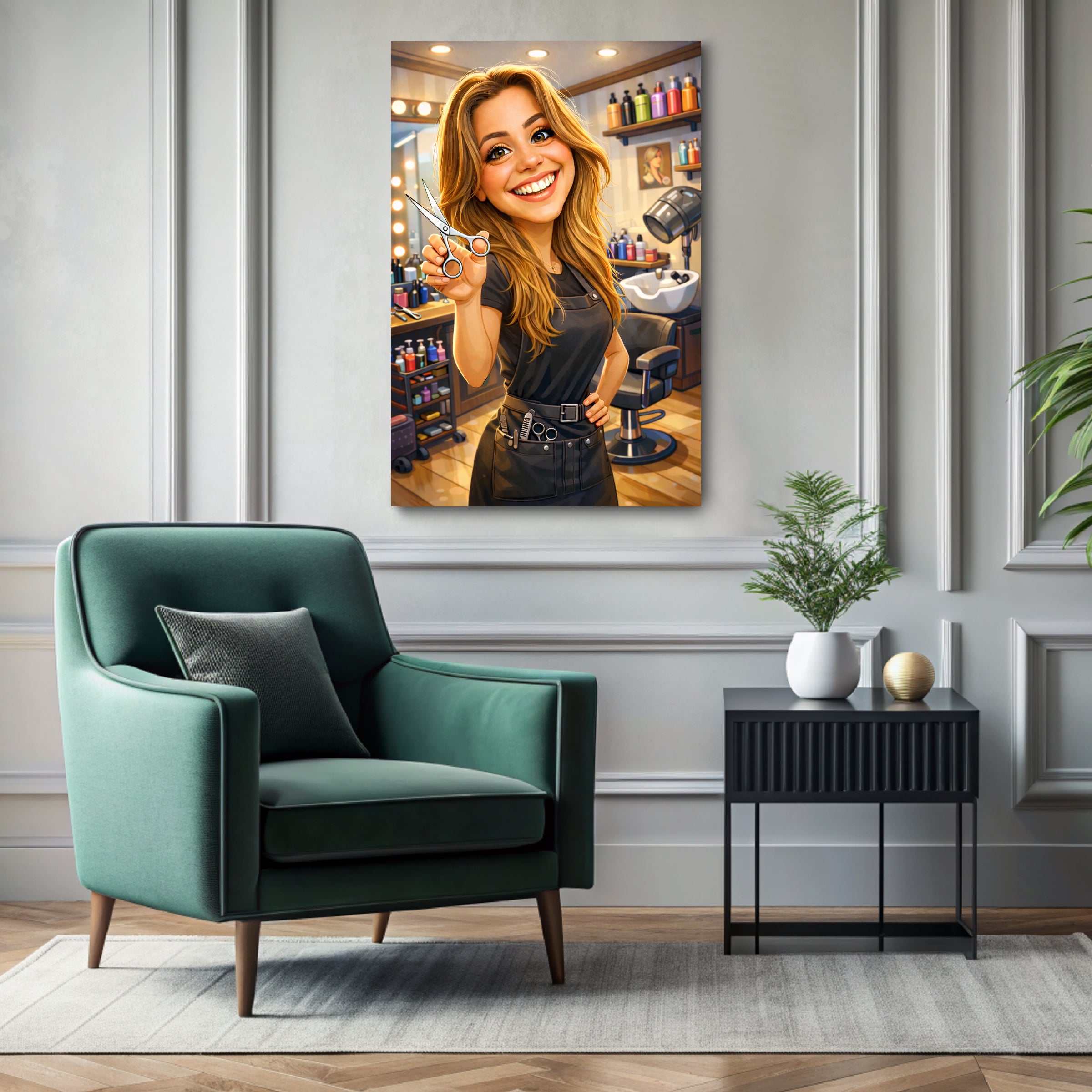 Custom hairstylist caricature portrait printed on ready-to-hang canvas