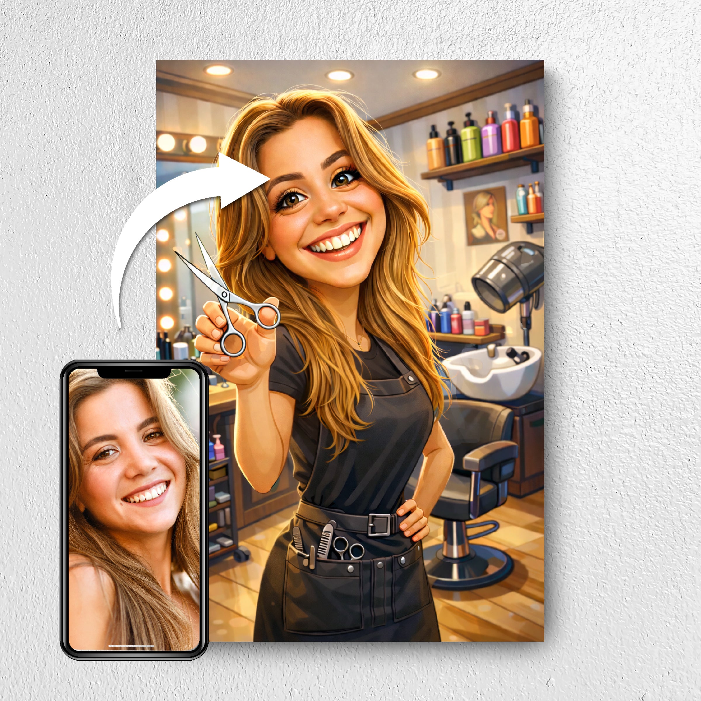 Before and after example of hairstylist photo turned into caricature portrait