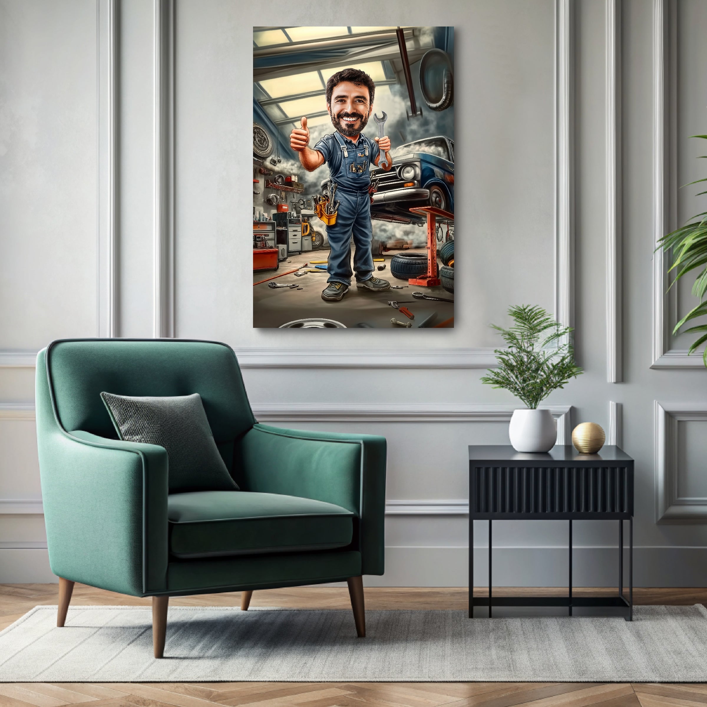 Custom mechanic caricature portrait printed on ready-to-hang canvas
