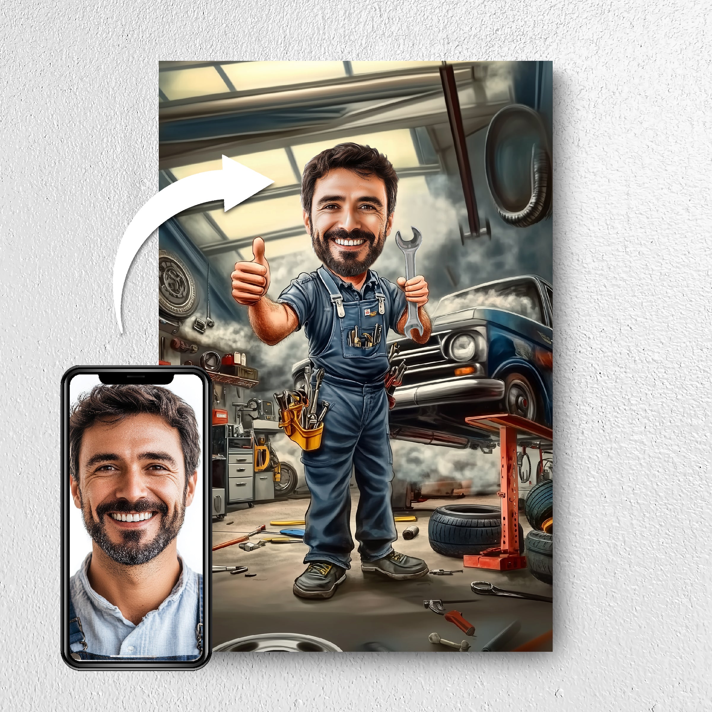 Before and after example of mechanic photo turned into caricature portrait