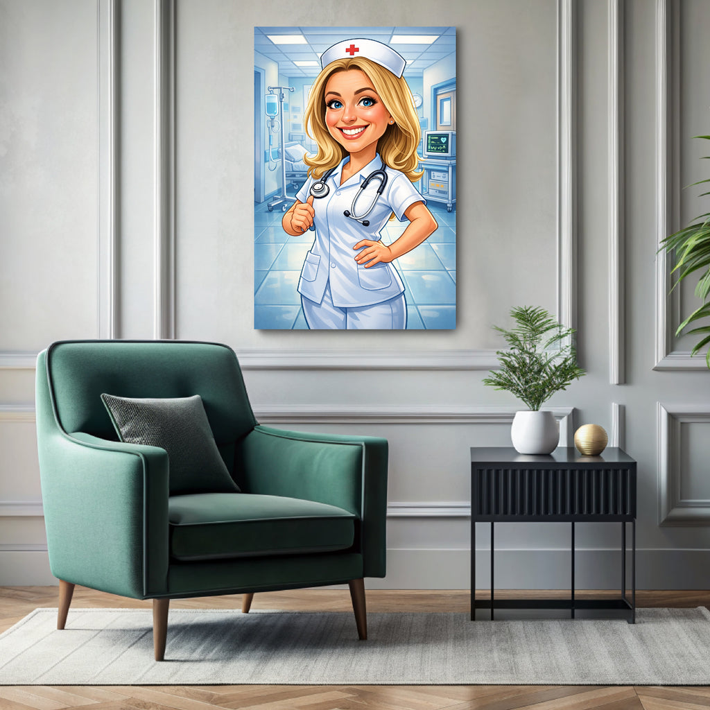 Custom nurse caricature portrait printed on ready-to-hang canvas
