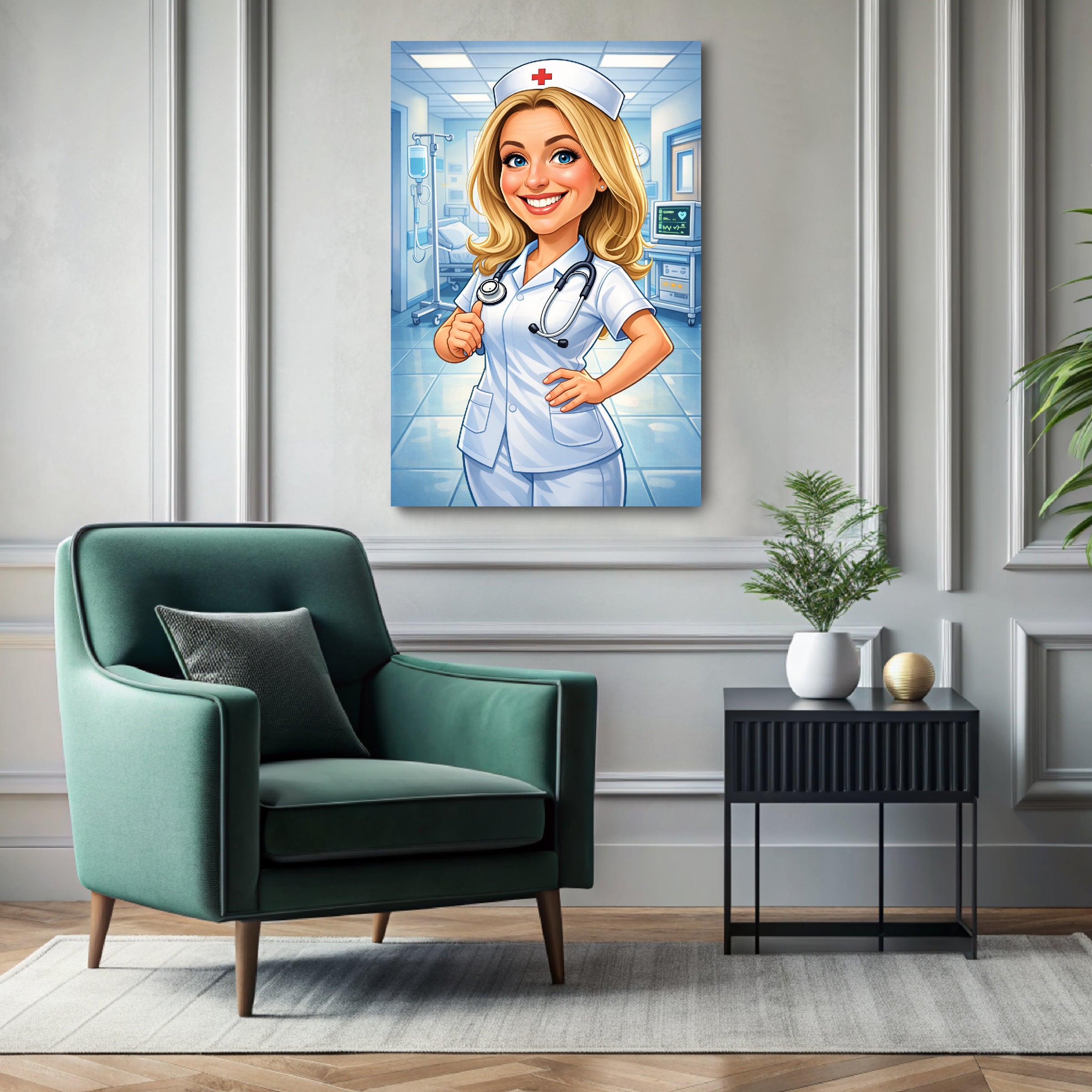Custom nurse caricature portrait printed on ready-to-hang canvas