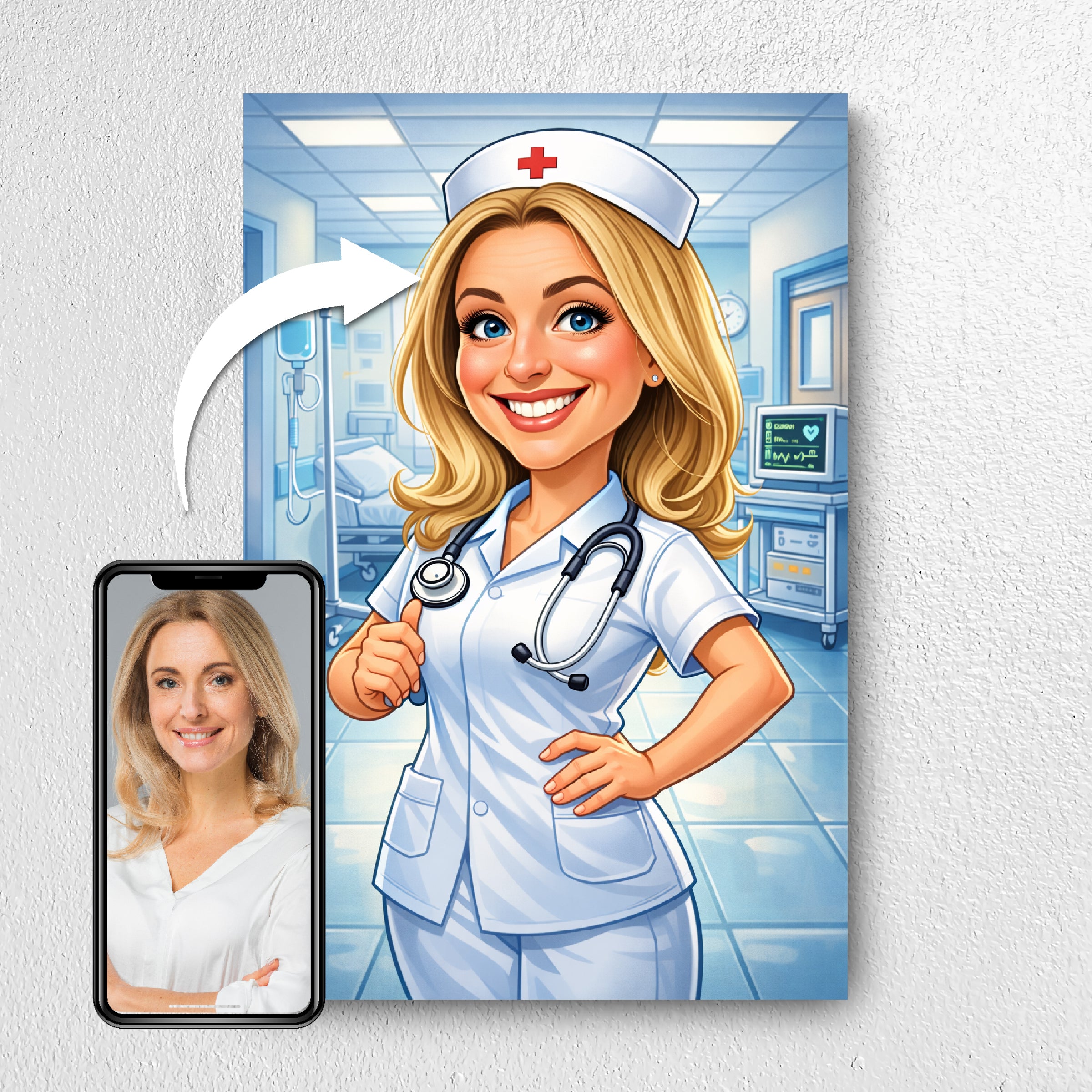 Before and after example of nurse photo turned into caricature portrait
