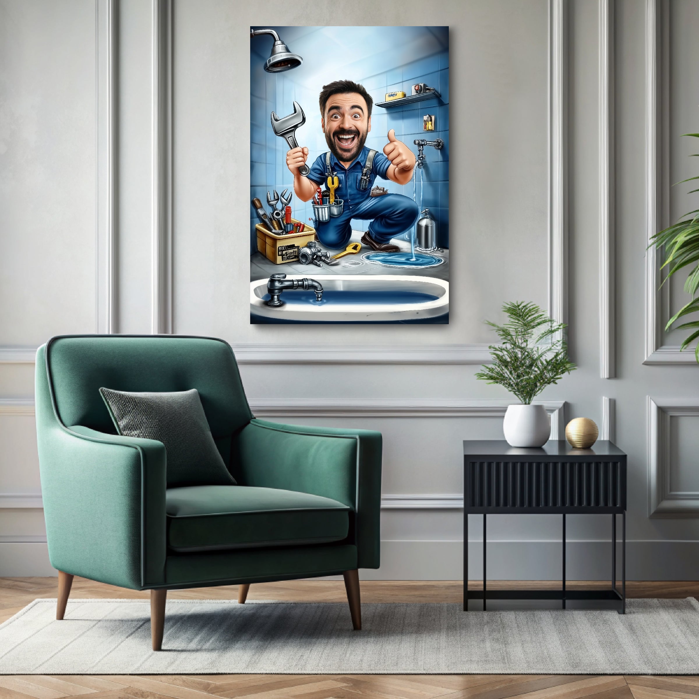Custom plumber caricature portrait printed on ready-to-hang canvas