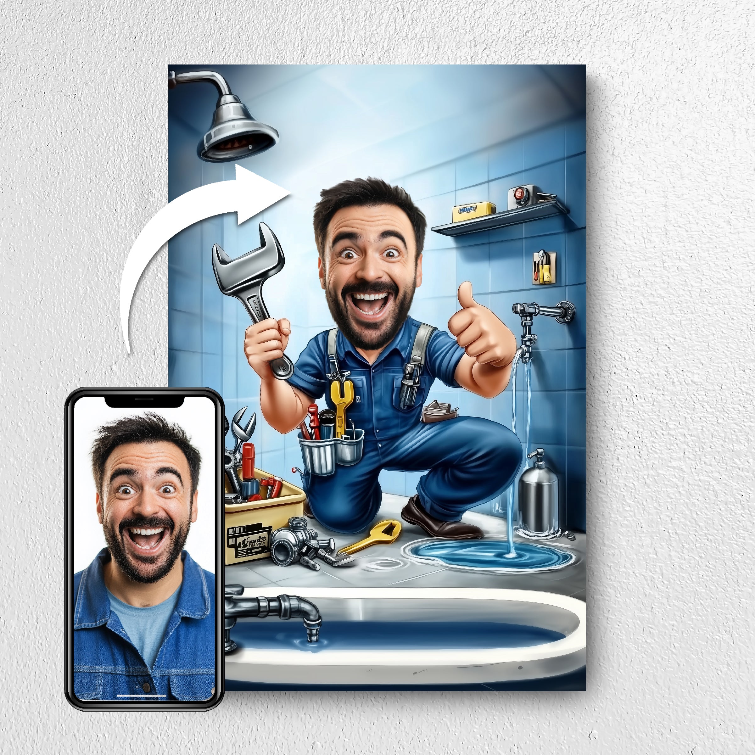 Before and after example of plumber photo turned into caricature portrait