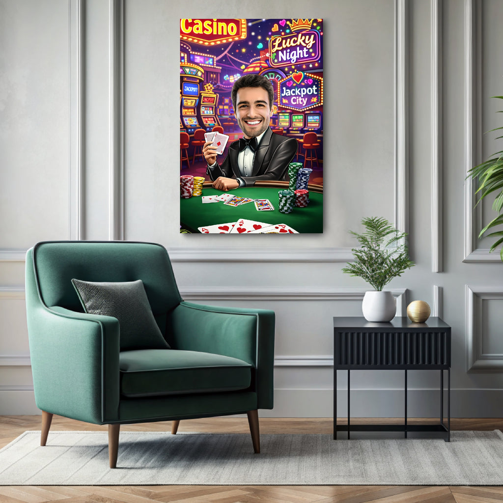 Custom poker player caricature portrait printed on ready-to-hang canvas