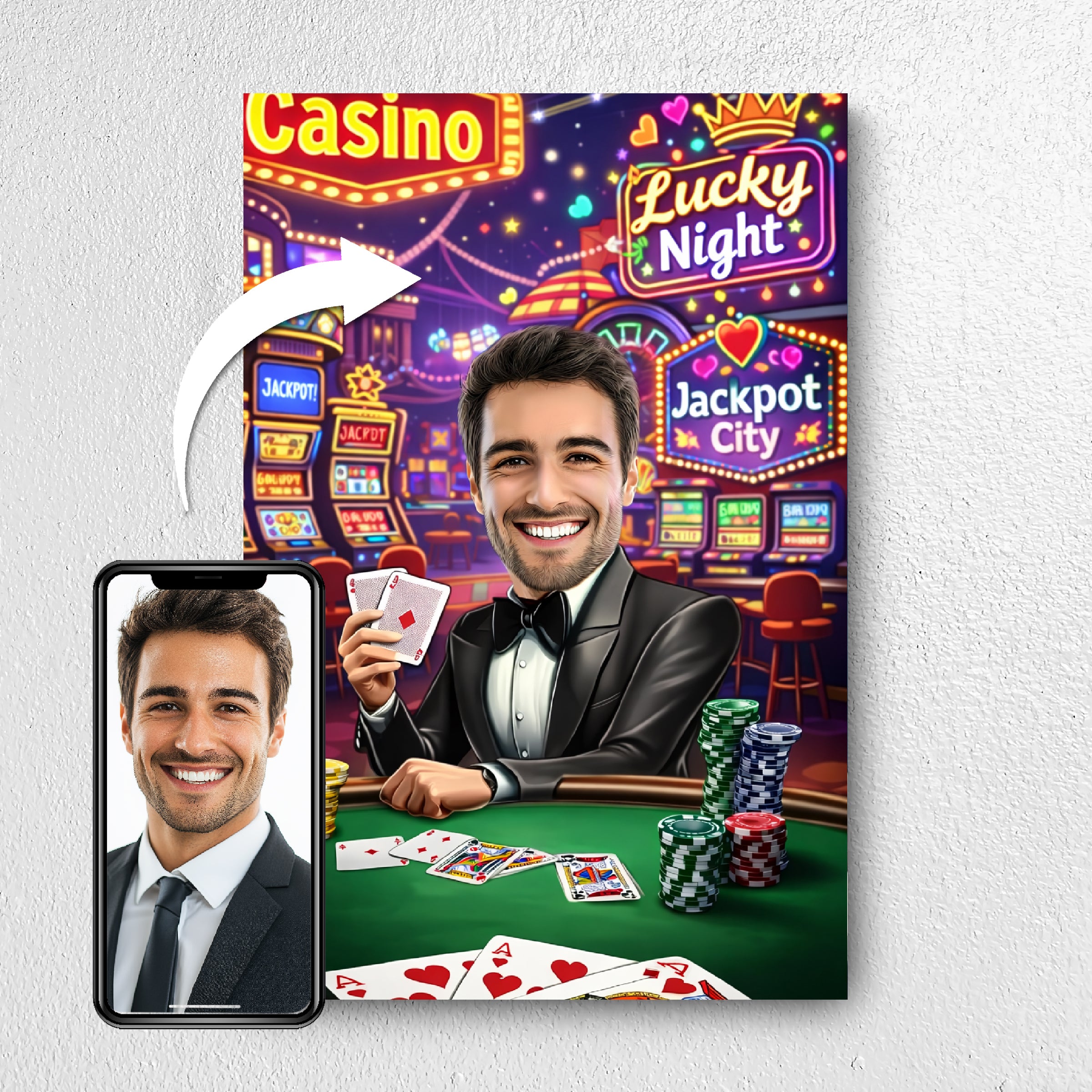 Before and after example of poker player photo turned into caricature portrait
