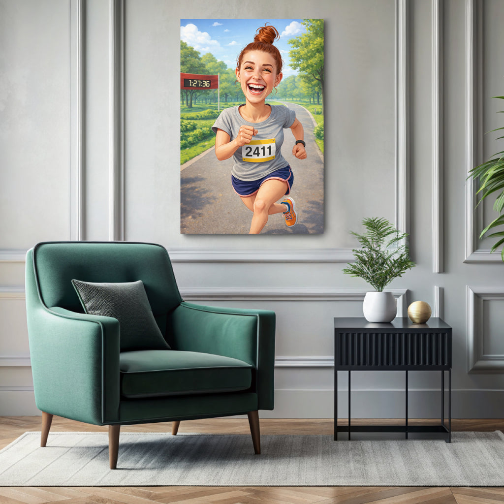 Custom runner caricature portrait printed on ready-to-hang canvas