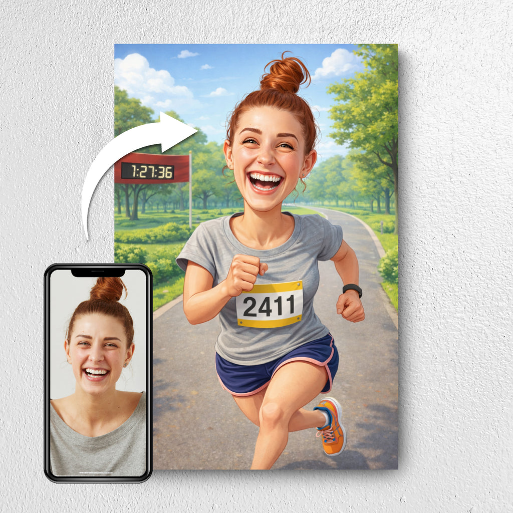 Before and after example of runner photo turned into caricature portrait