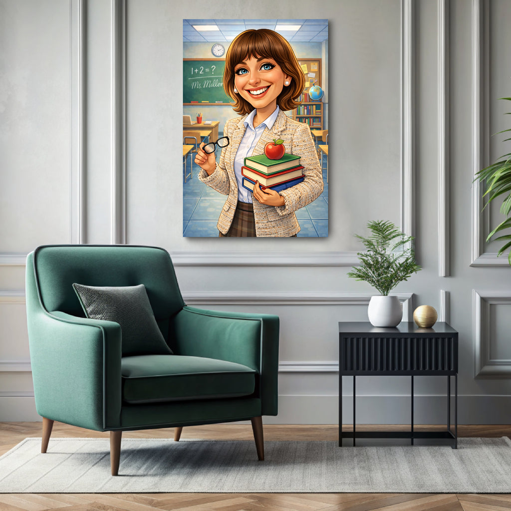 Custom teacher caricature portrait printed on ready-to-hang canvas